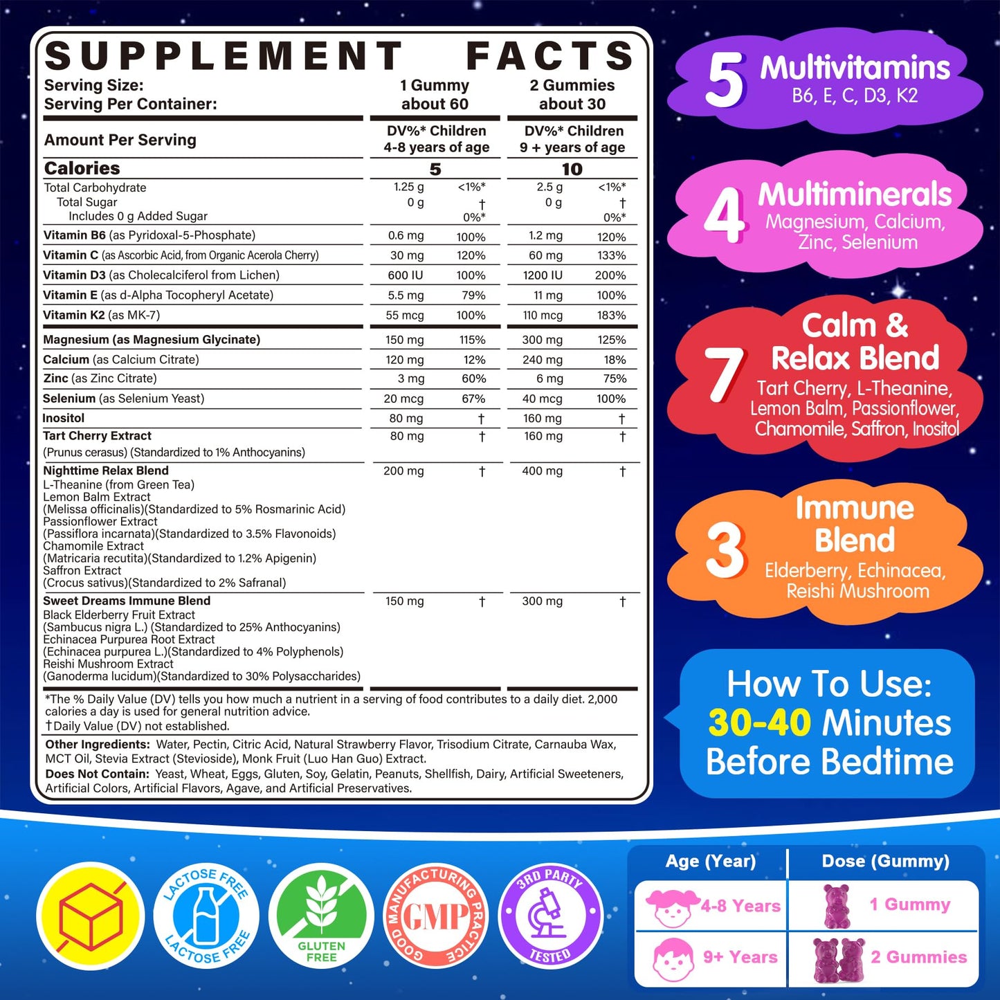 EnvyCure Kids Melatonin-Free Sleep Aid Gummies, Nighttime Multivitamin with Magnesium Glycinate, Saffron, Calcium D3+K2, Inositol – Sugar Free, 120 Gummies