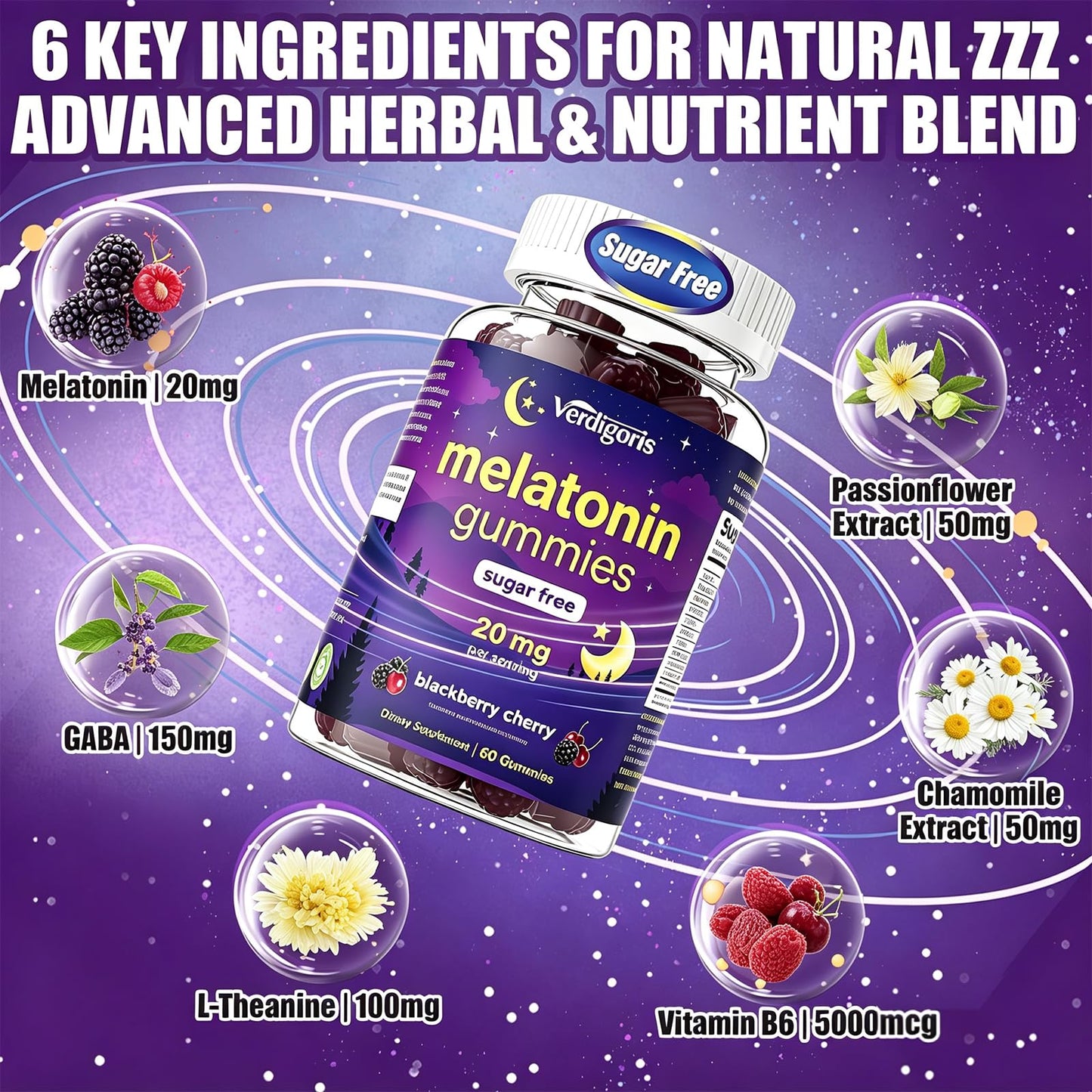 Verdigoris Sugar Free Melatonin Gummies 20mg for Adults - Sleep Support with GABA, L-Theanine, Chamomile & Passionflower - 0g Sugar, Vegan, Non-GMO, BlackBerry Cherry Flavor, 120 Count