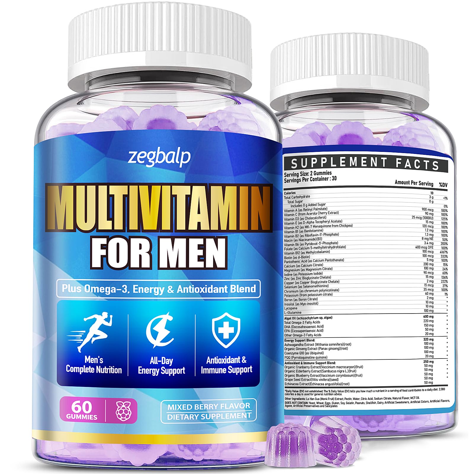 ZEGBALP Mens Multivitamins Gummies with Methylated Vitamins - Vegan Omega-3, CoQ10, Vitamins A C D3 K2 B12, Calcium, Zinc, Grape Seed - Sugar-Free, 120 Gummies