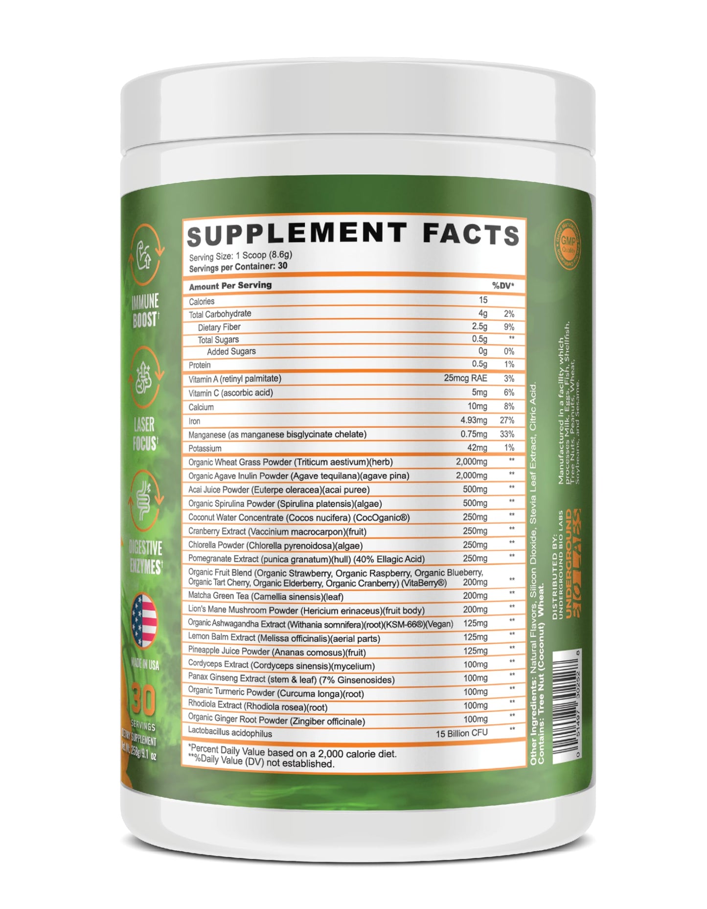 Underground Bio Labs All Natural SUPERFOOD Greens, Reds, Golds, Probiotics, Ashwagandha and Lion's Mane Powder 13.76 oz