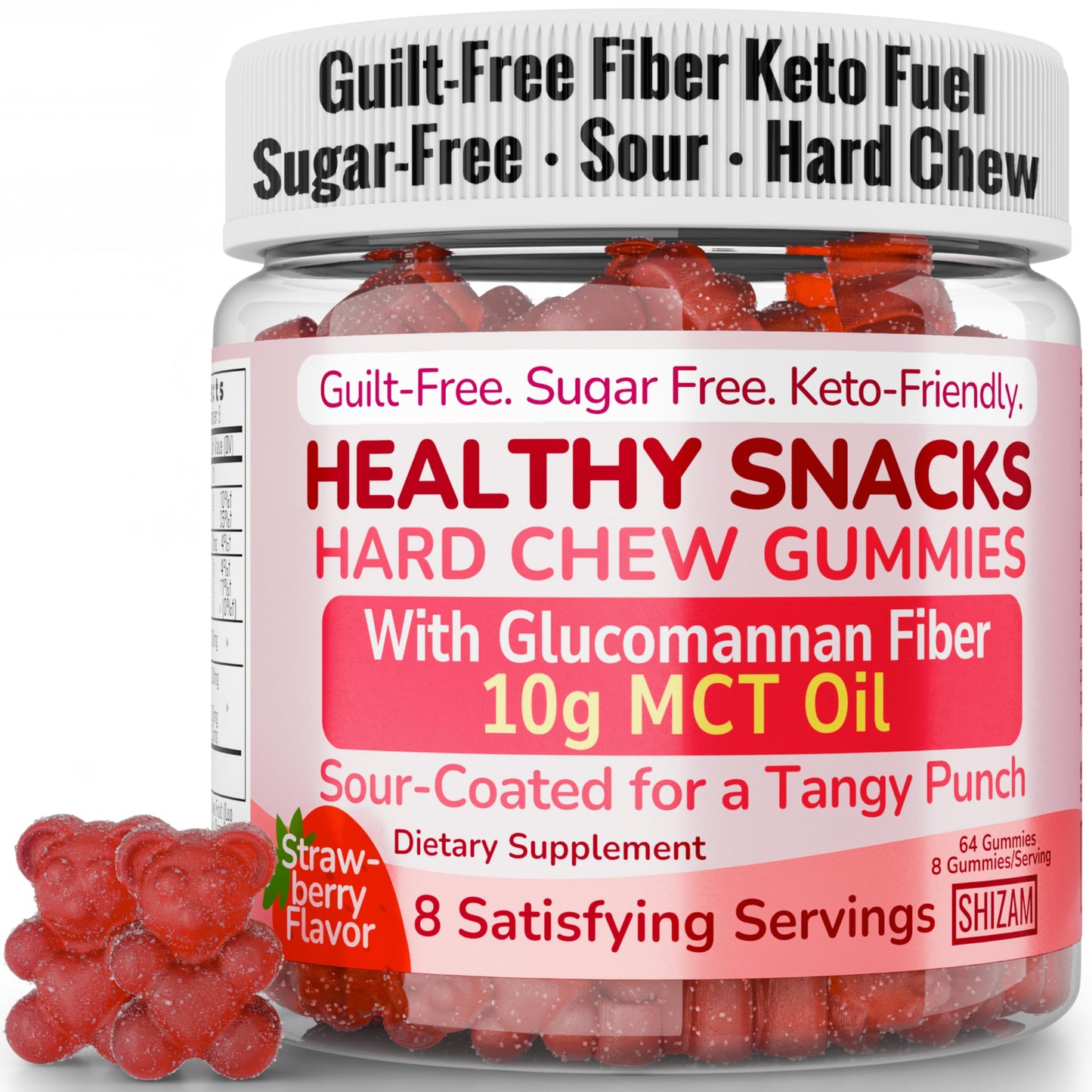 SHIZAM High-Fiber Keto Gummies, MCT Oil C8/C10, Gluten Free, No Sugar, Low Calorie, Low Carb, 64 Count