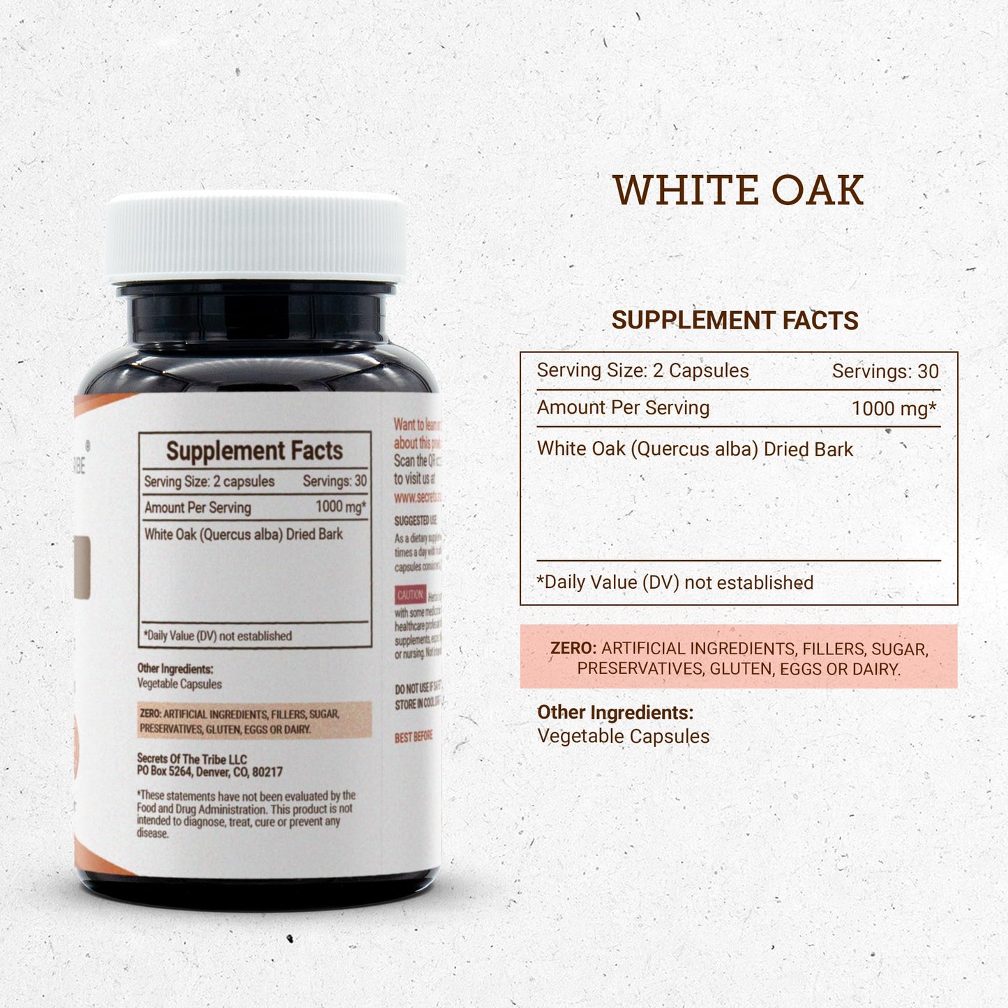 Secrets of the Tribe White Oak 1000 mg Capsules, White Oak (Quercus alba) Dried Bark, 60 Count
