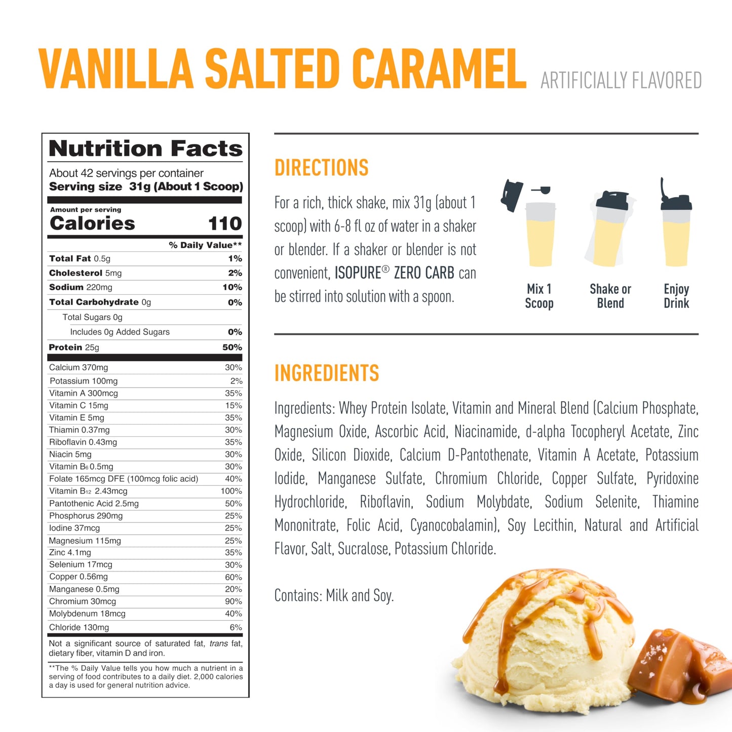 Isopure Zero Carb 100% Pure Whey Isolate Protein Powder, Vanilla Salted Caramel, 48 Servings, 3 Lbs