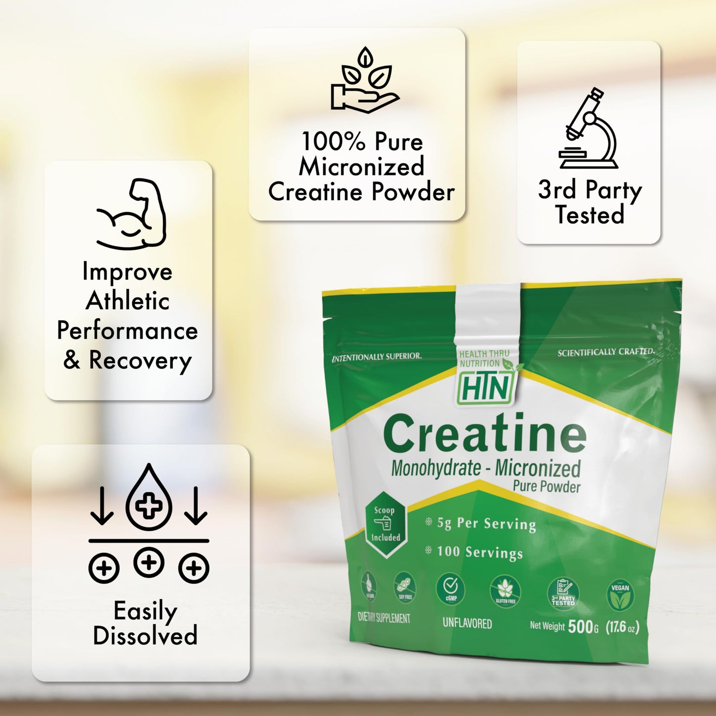 Health Thru Nutrition Creatine Monohydrate Micronized Powder, 17.6 oz