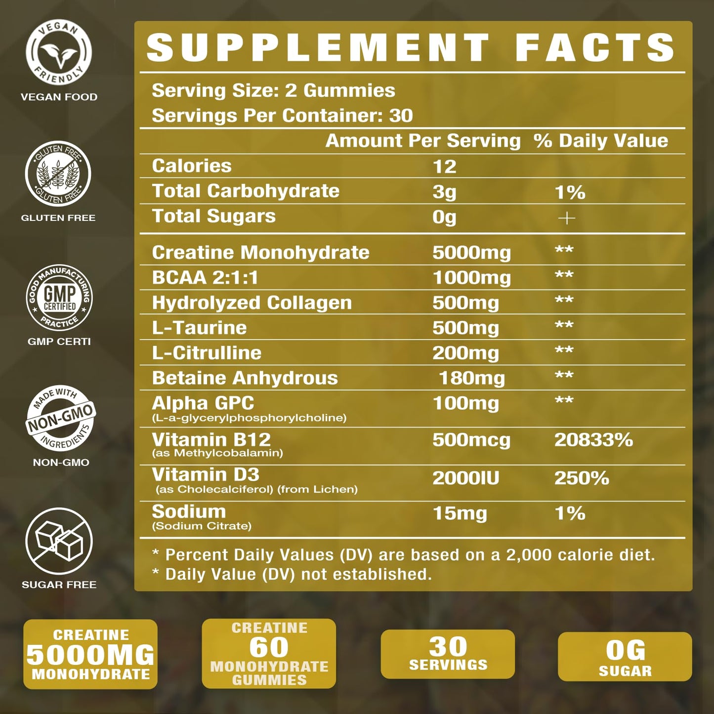 Putaojun Creatine Monohydrate with Vitamins D3 & B12 Gummies, Sugar-Free Hydrolyzed Collagen & Creatine, 60 Count