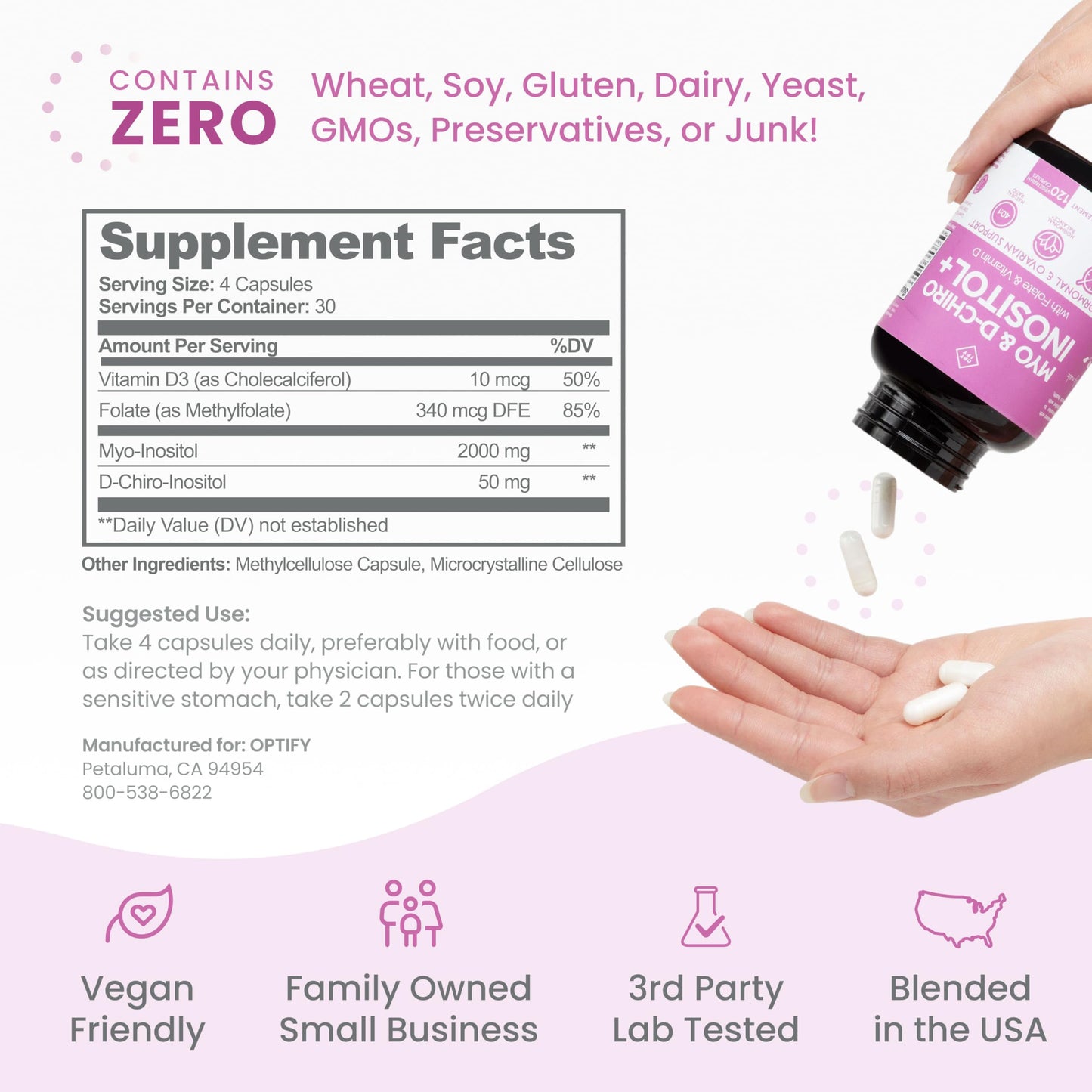 Optify Myo-Inositol & D-Chiro Inositol Supplement for Women, 40:1 Ratio, with Folate and Vitamin D, Capsules, 120 Count