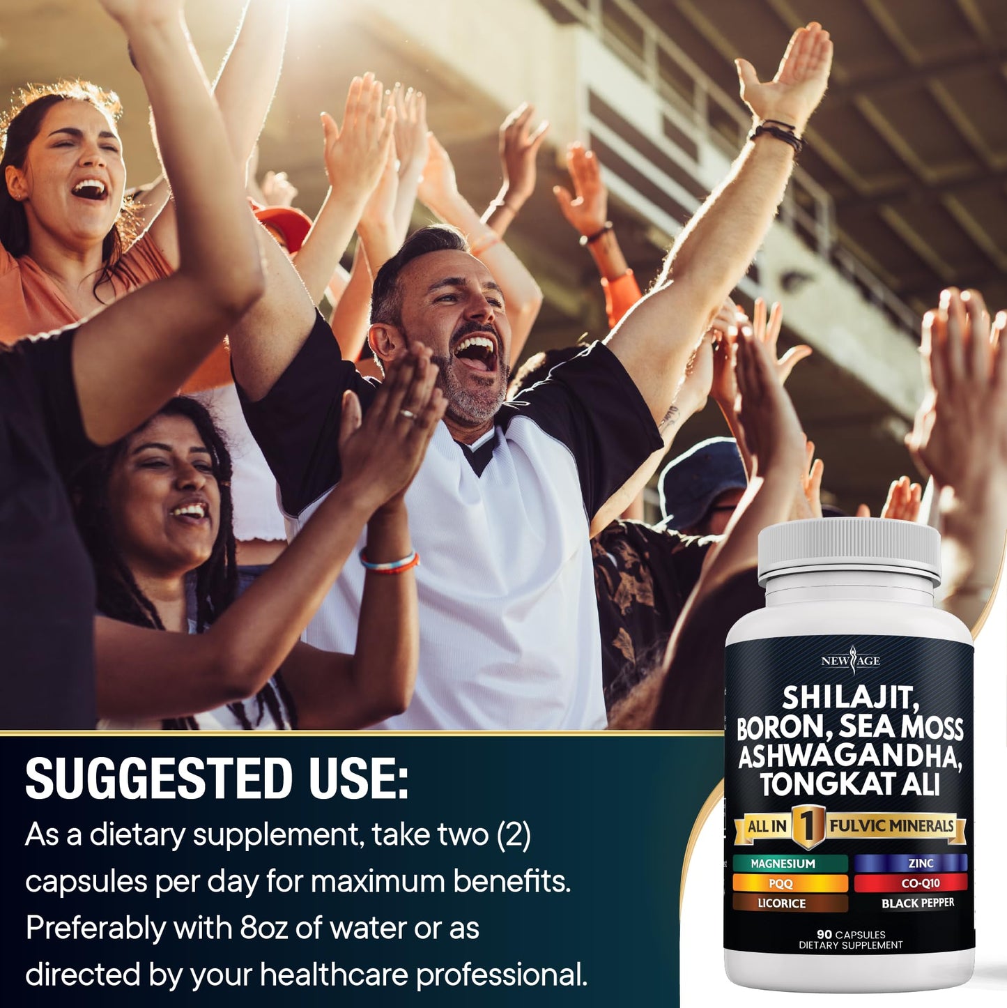 NEW AGE Shilajit Supplement with Sea Moss, Ashwagandha, Tongkat Ali, Boron, Magnesium - Fulvic Acid Capsules for Men, 90 Count