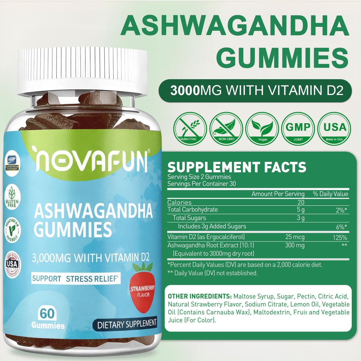 Novafun Ashwagandha Gummies with Vitamin D2, 60 Count
