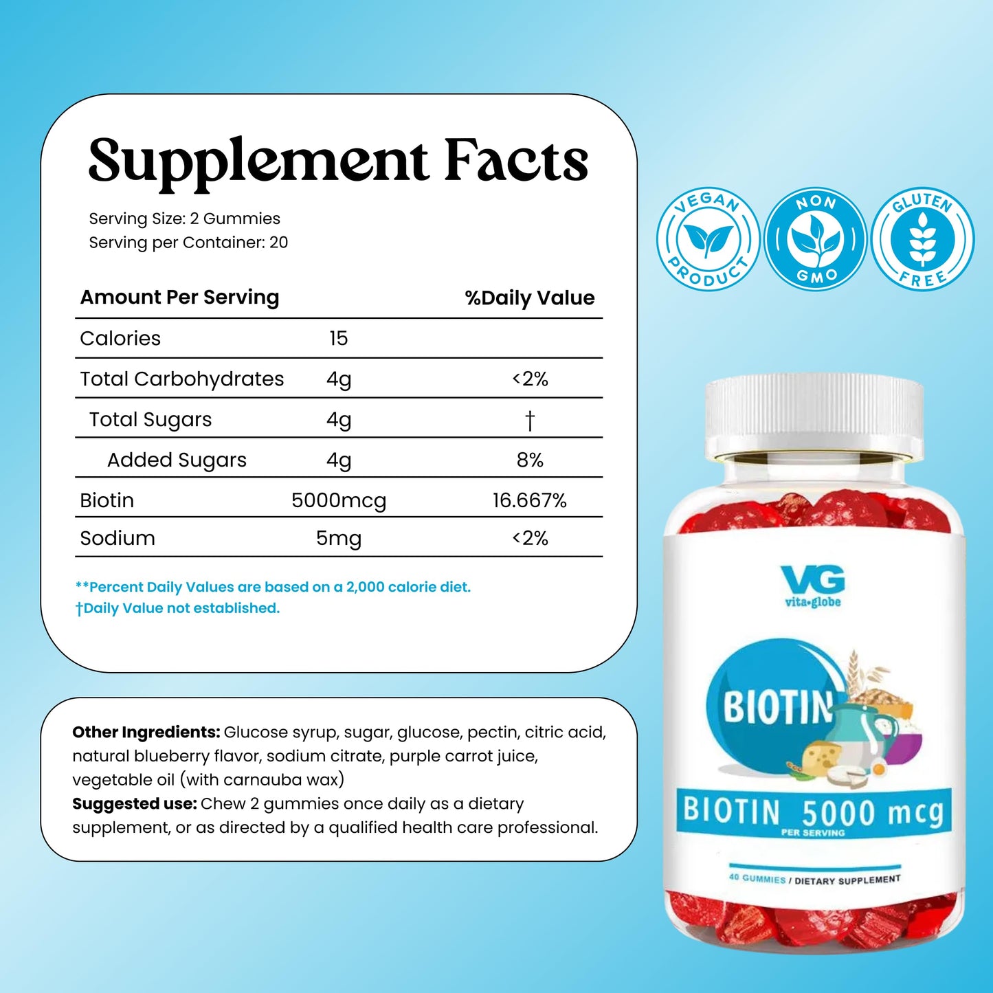 VITA GLOBE Biotin Gummies 5,000 mcg, 40 Count
