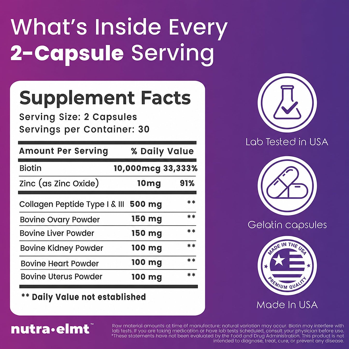 NUTRA ELMT Beef Organ Supplement for Women NZ Grass Fed Biotin Collagen Zinc Capsules, 60 Count