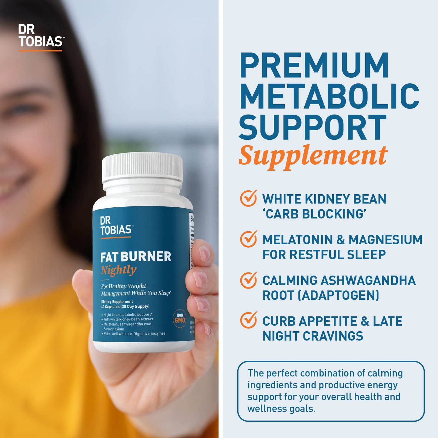 Dr. Tobias Fat Burner Nightly - Night Time Metabolic Support with White Kidney Bean Extract, Ashwagandha Root, Green Coffee Bean Extract & Melatonin Capsules, 60 Count