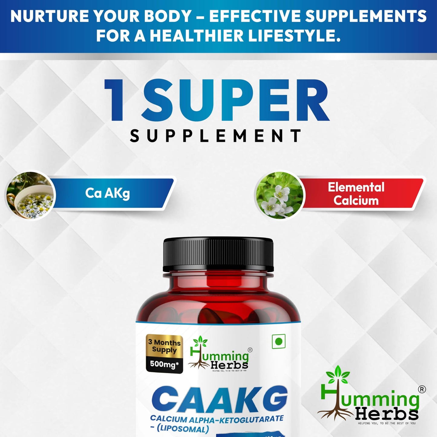 Humming Herbs Calcium Alpha-Ketoglutarate Supplement (CAAKG) 500 mg – Provides 100 mg Elemental Calcium – Non-GMO – Vegan Capsules, 90 Capsules