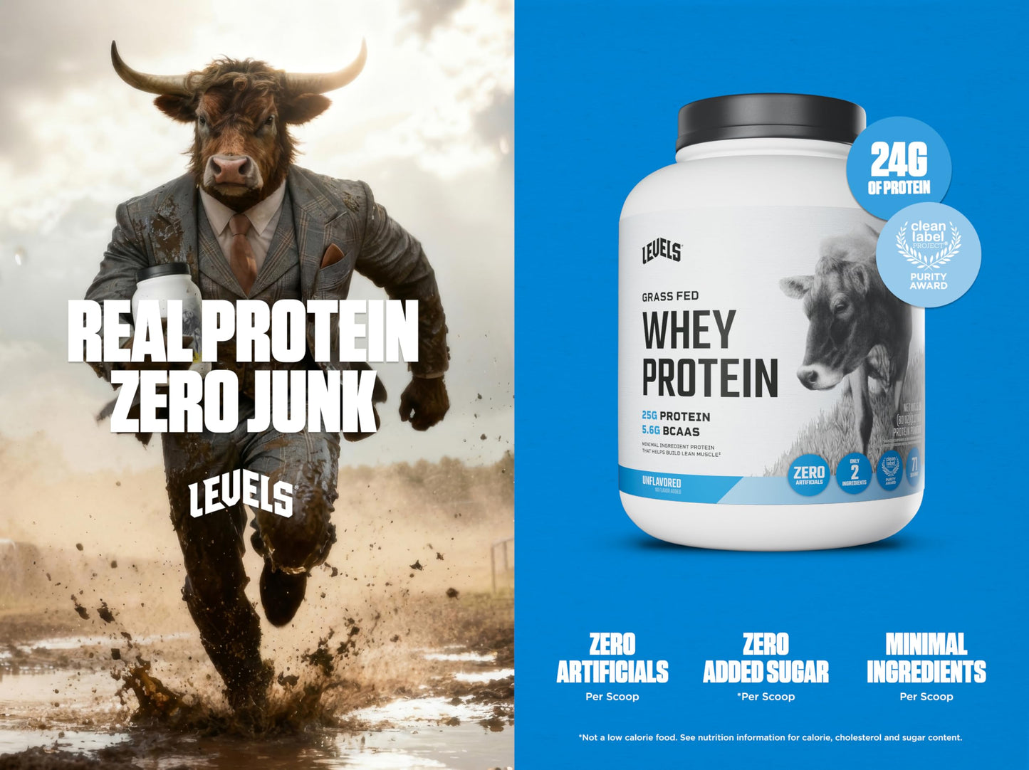 Levels Nutrition Grass Fed Whey Protein Powder, Unflavored, 80 Servings, 5 lb