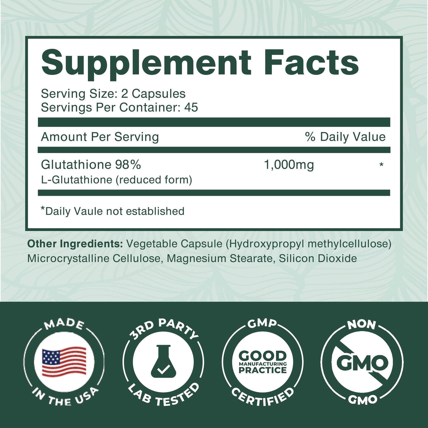 PurePremium Supplements Reduced Glutathione 1000mg per Serving – 98% Purity, 500mg per Capsule – Antioxidant Support for Liver Detox, Skin, Brain & Immune System, Capsule, 90 Count