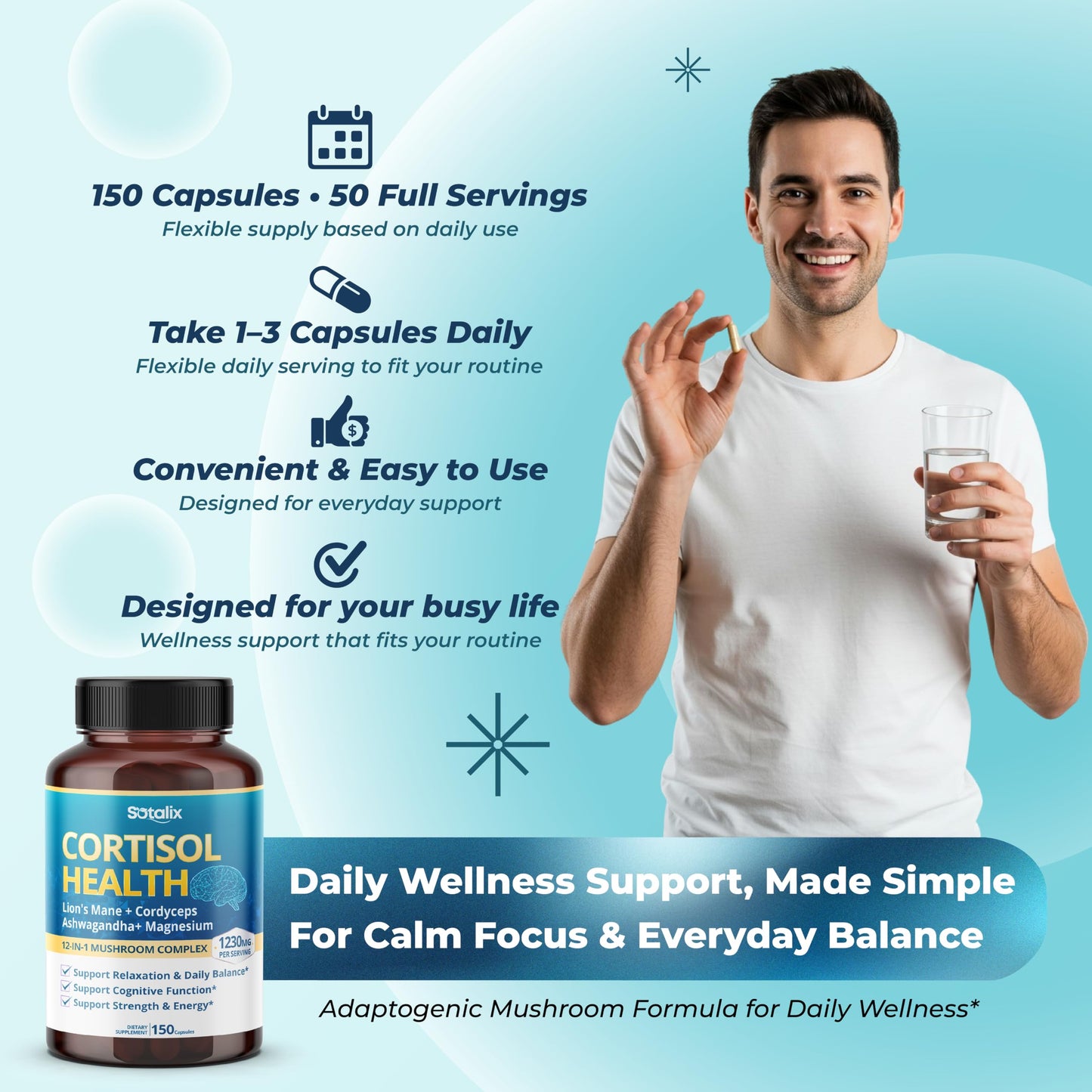 Sotalix Supplement Cortisol Health Supplement with Magnesium, Ashwagandha, Lion’s Mane & 10 Mushroom Complex – Relaxation, Focus & Energy Support Capsules 150