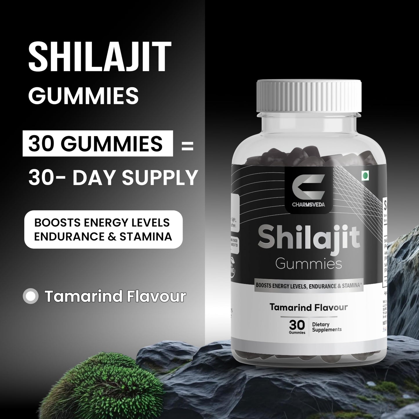 CHARMSVEDA Shilajit Gummies – Ashwagandha & Safed Musli – Tamarind Flavour Capsules, 30
