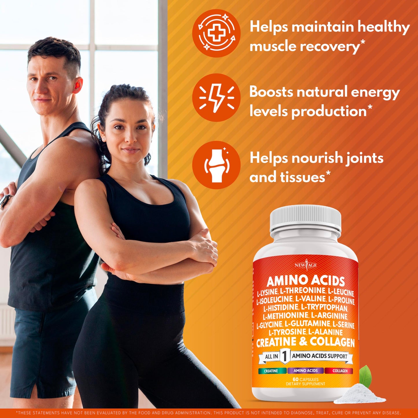 NEW AGE Amino Acids Supplement L-Lysine, L-Threonine, L-Leucine, Isoleucine, Valine, L-Histidine, L-Tryptophan, L-Methionine, L-Arginine, L-Cysteine, L-Glutamine, L-Serine, Aspartic Acid, Capsules, 60 Count
