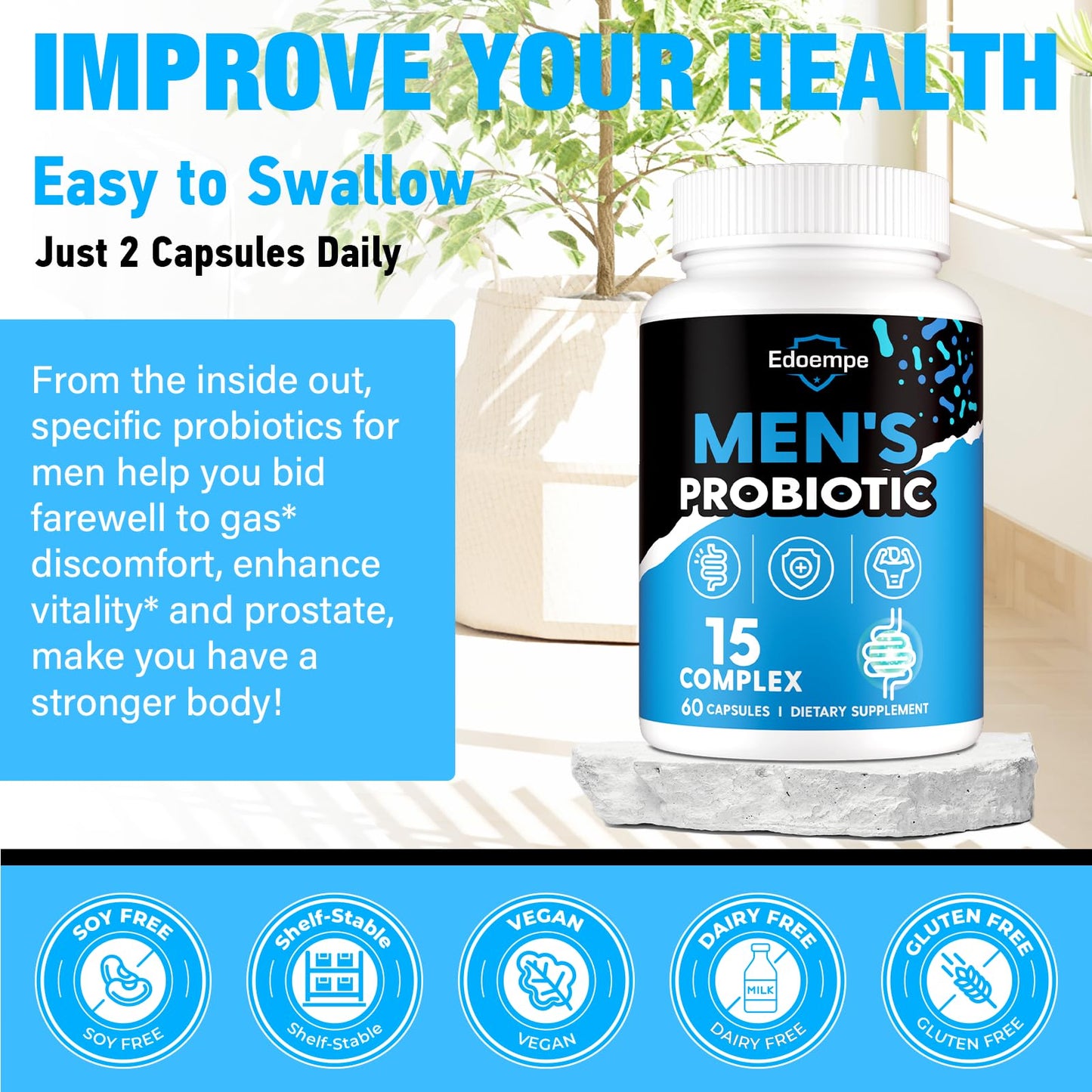 Edoempe Probiotics for Men, 500 Billion CFUs, 12 Strains, with Cranberry, Goji, Turmeric & Amla, Shelf Stable, 60 Capsules
