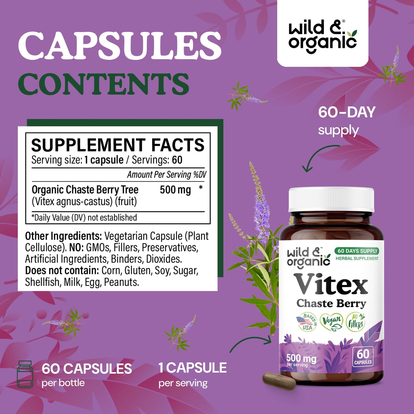 Wild & Organic Vitex Chasteberry Supplement Capsules, 60 Count