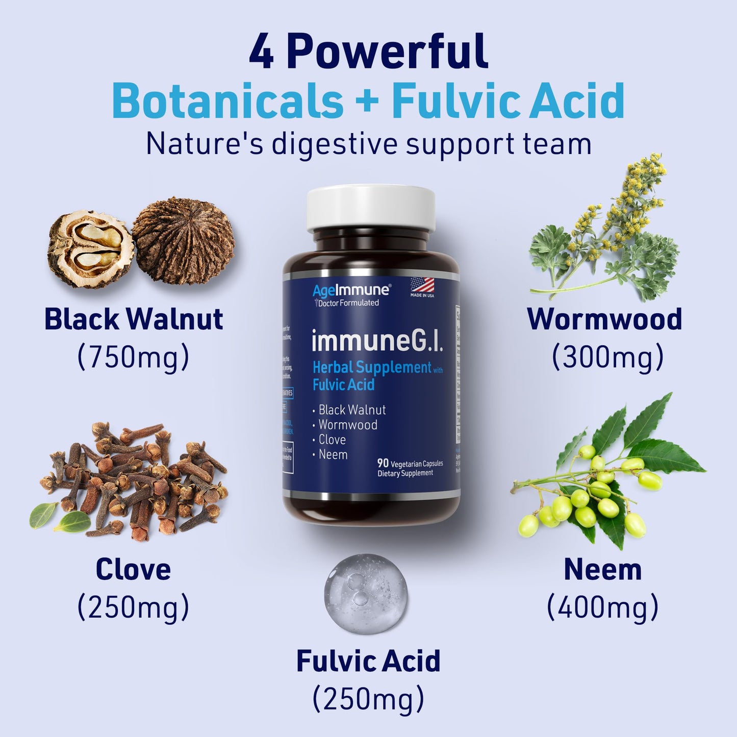 AgeImmune ImmuneG.I. Wormwood Black Walnut Clove Neem Fulvic Acid Intestinal Cleanse Formula Capsule 90 Count