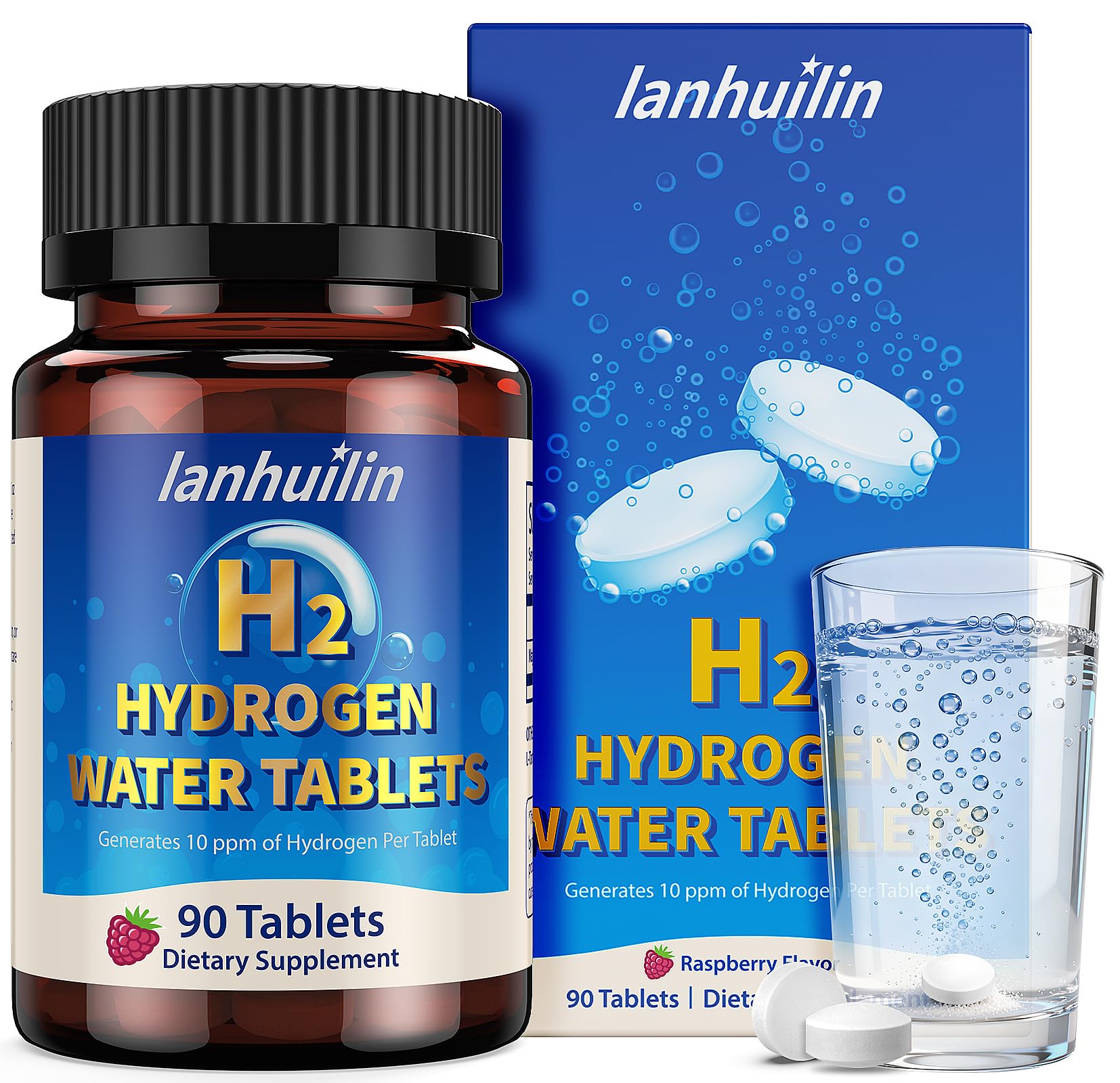 lanhuilin Hydrogen Water Tablets with Magnesium 150mg, Raspberry, 90 Tablets