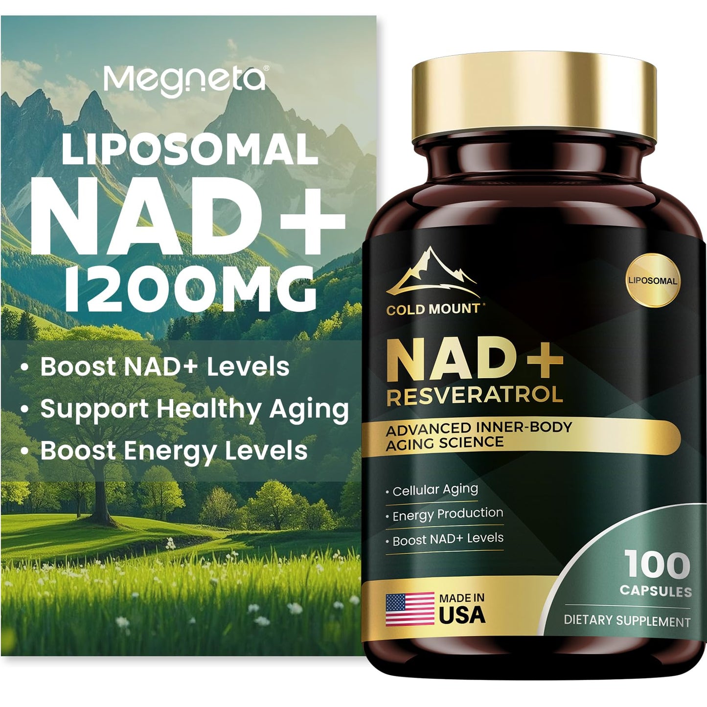 MEGNETA Liposomal NAD+ Supplement 1200mg with Trans Resveratrol Capsules, 100 Capsules