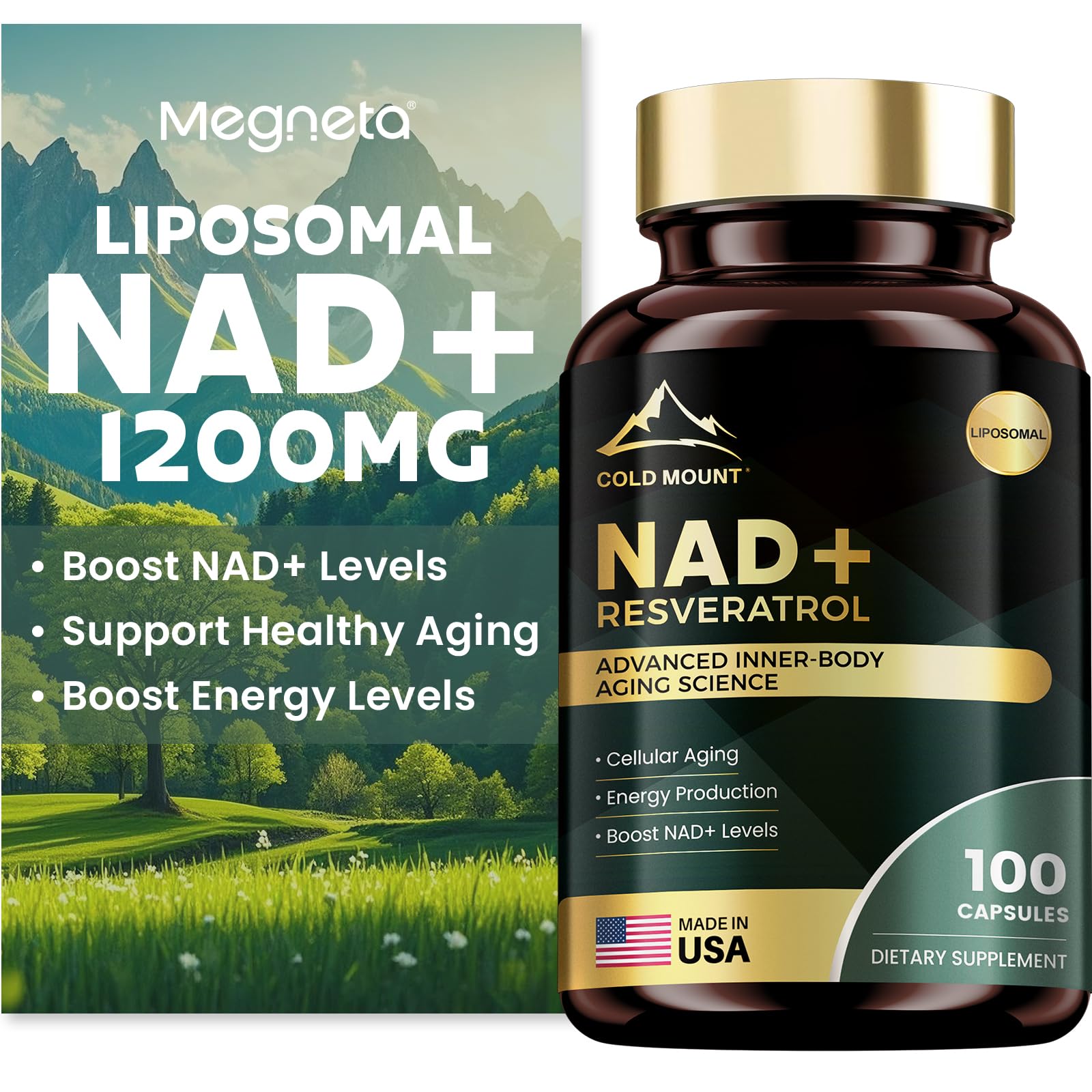 MEGNETA Liposomal NAD+ Supplement 1200mg with Trans Resveratrol Capsules, 100 Capsules