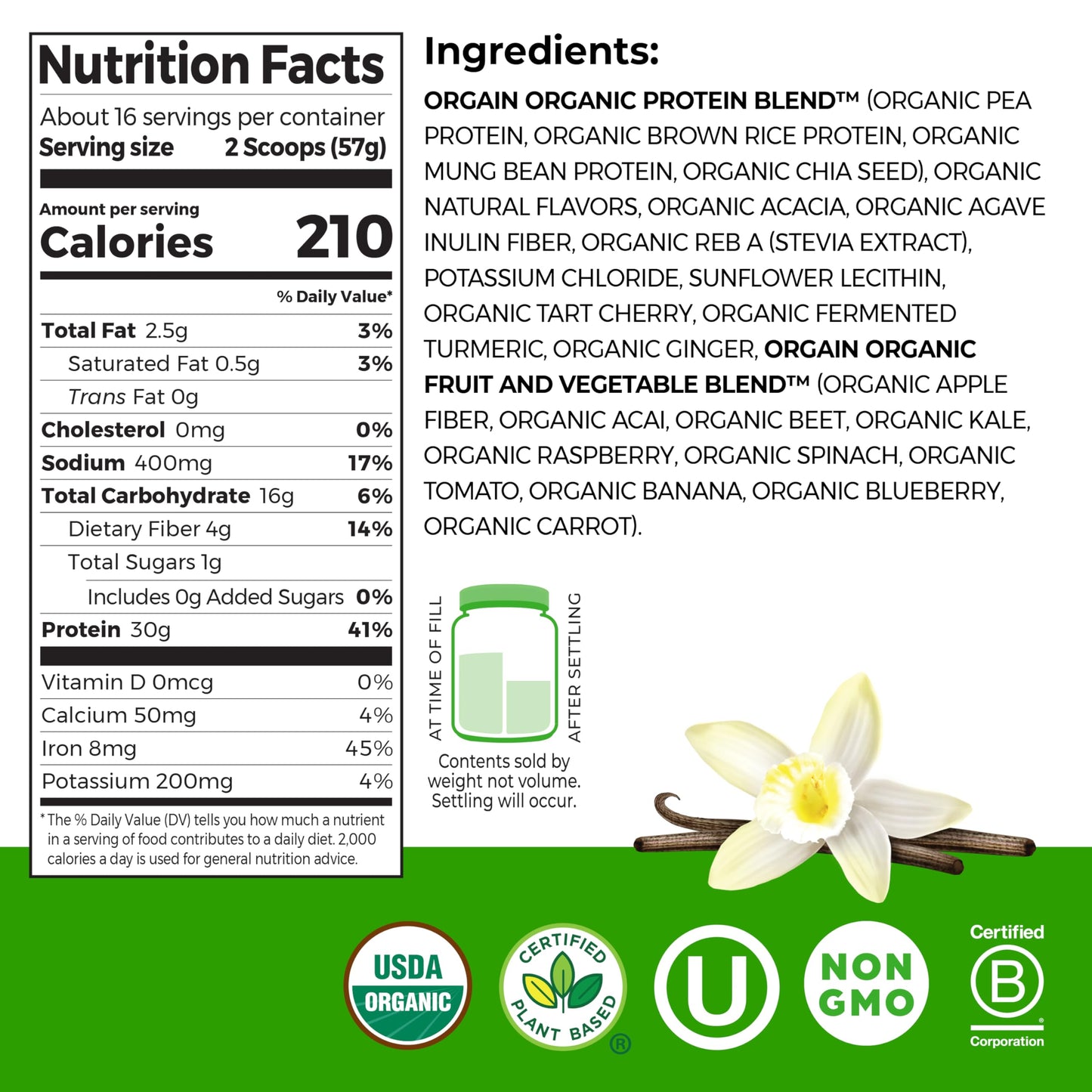 Orgain Organic Vegan Plant Protein Powder Vanilla 32.16 oz