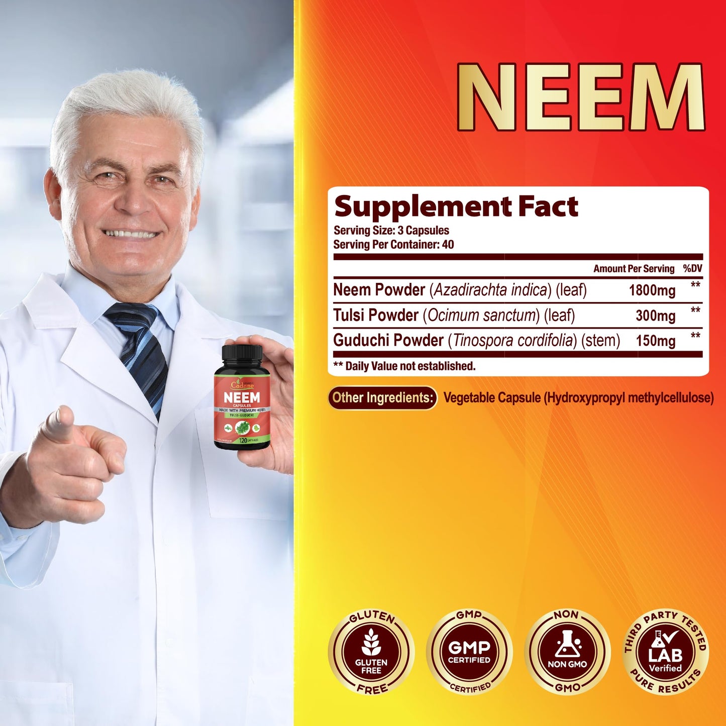 Organic Cadane Neem Leaf Supplements Capsules, 120 Capsules