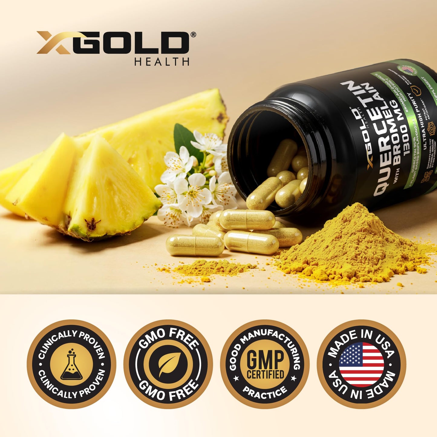 X Gold Health Quercetin + Bromelain 1,300mg, 95% Quercetin, Highly Purified & Highly Bioavailable Plus Bromelain 2,400 GDU/g Made in USA, 120 Capsules