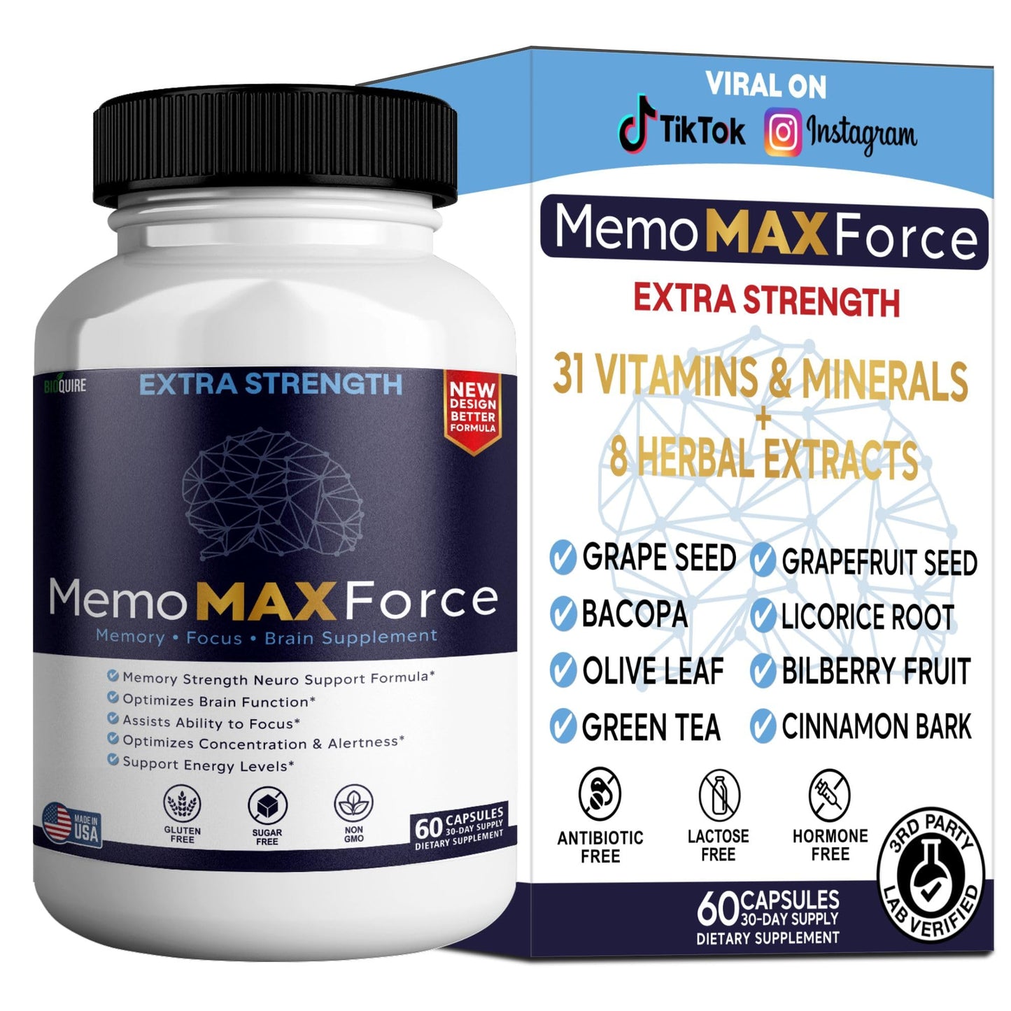 BIOQUIRE MemoMAX Force Extra Strength Brain Supplement, 60 Capsules