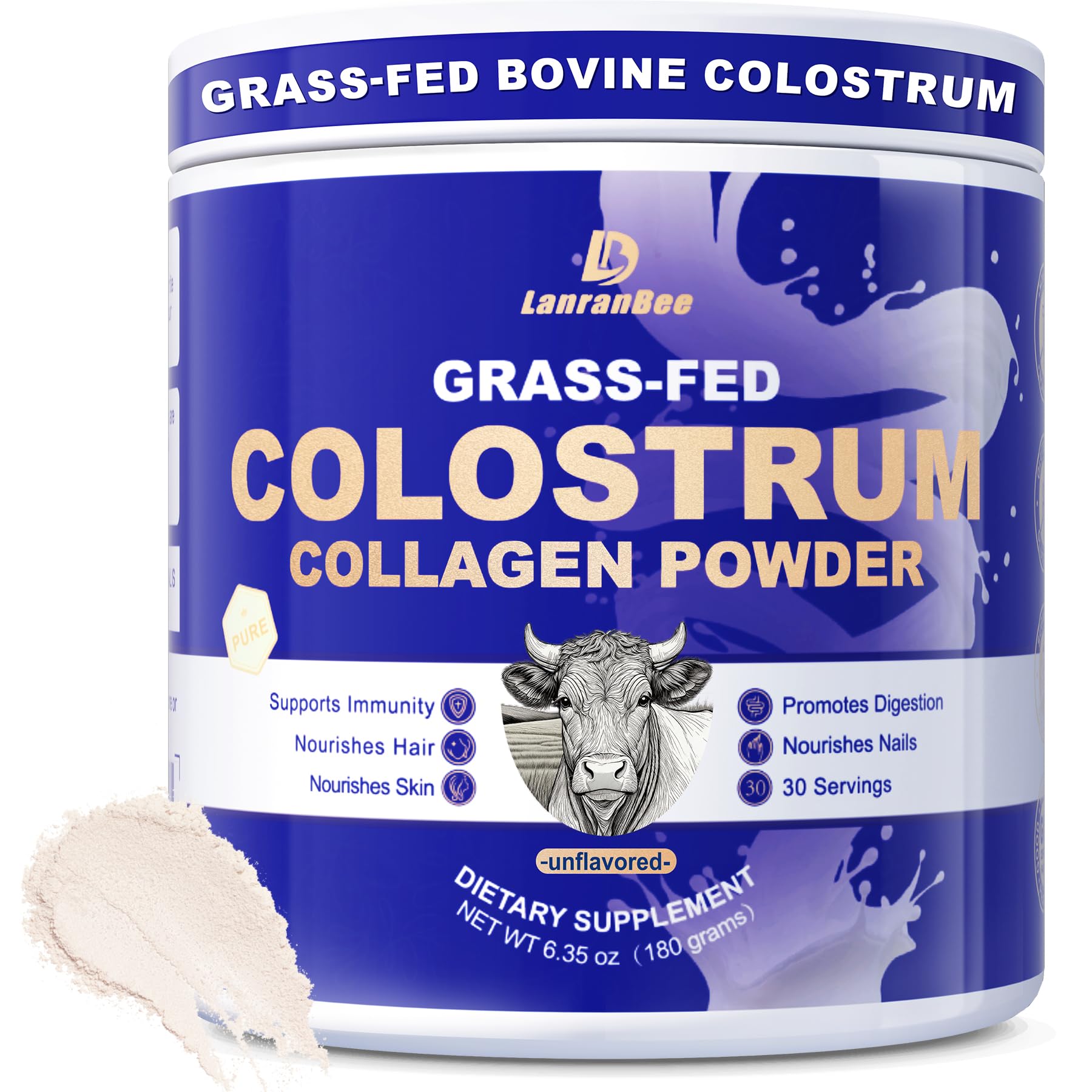 LanranBee Grass-Fed Bovine Colostrum Collagen Powder with Probiotics, Hydrolyzed Collagen Peptides, Sugar Free, 4.5