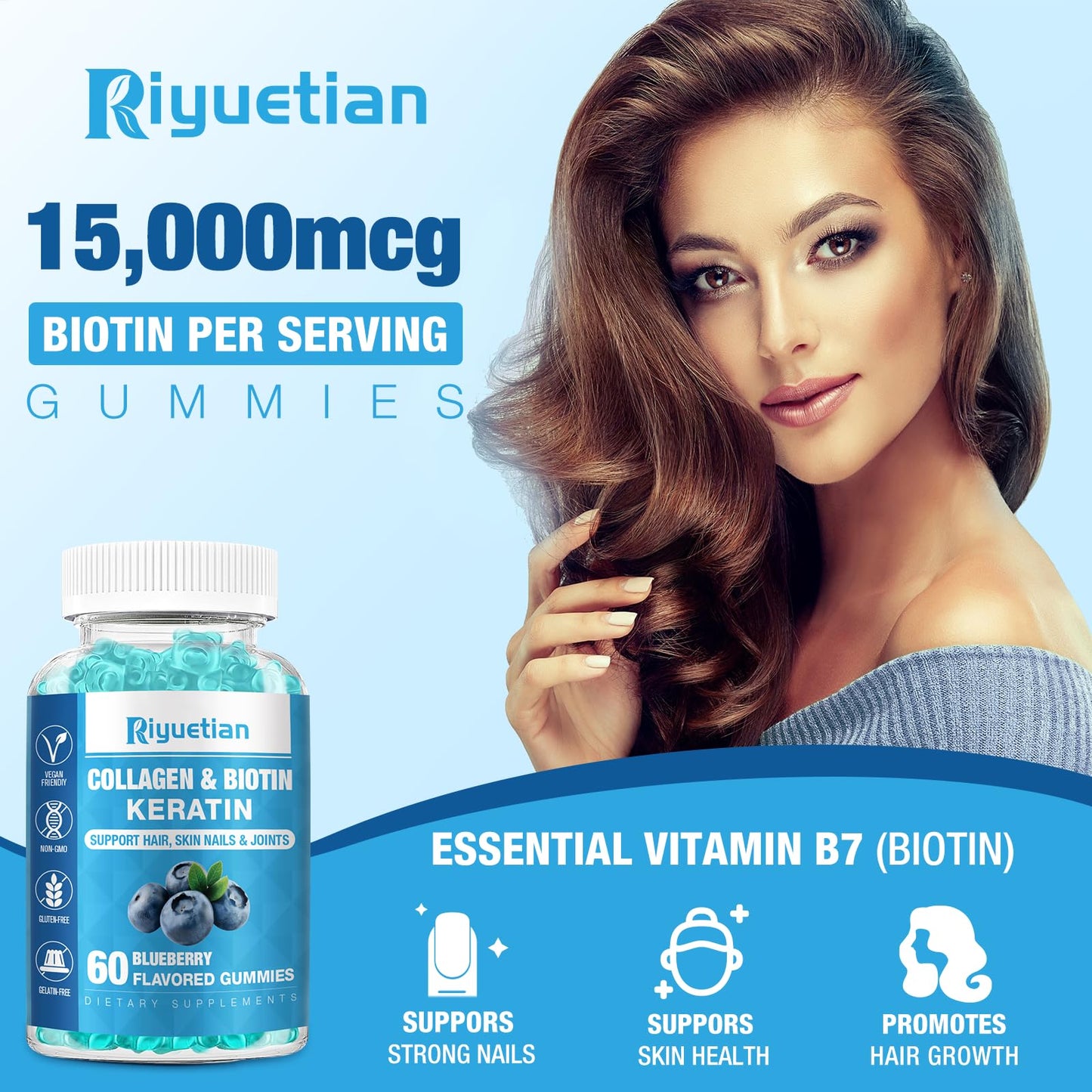 Riyuetian Biotin Gummies 15000mcg with Collagen for Adults, 60 Count
