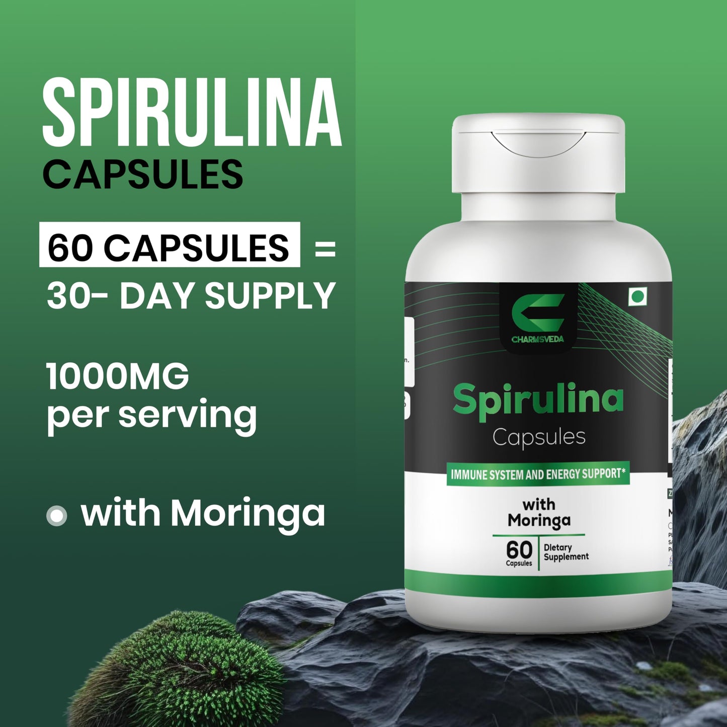 CHARMSVEDA Spirulina Capsules with Moringa, 60 Capsules
