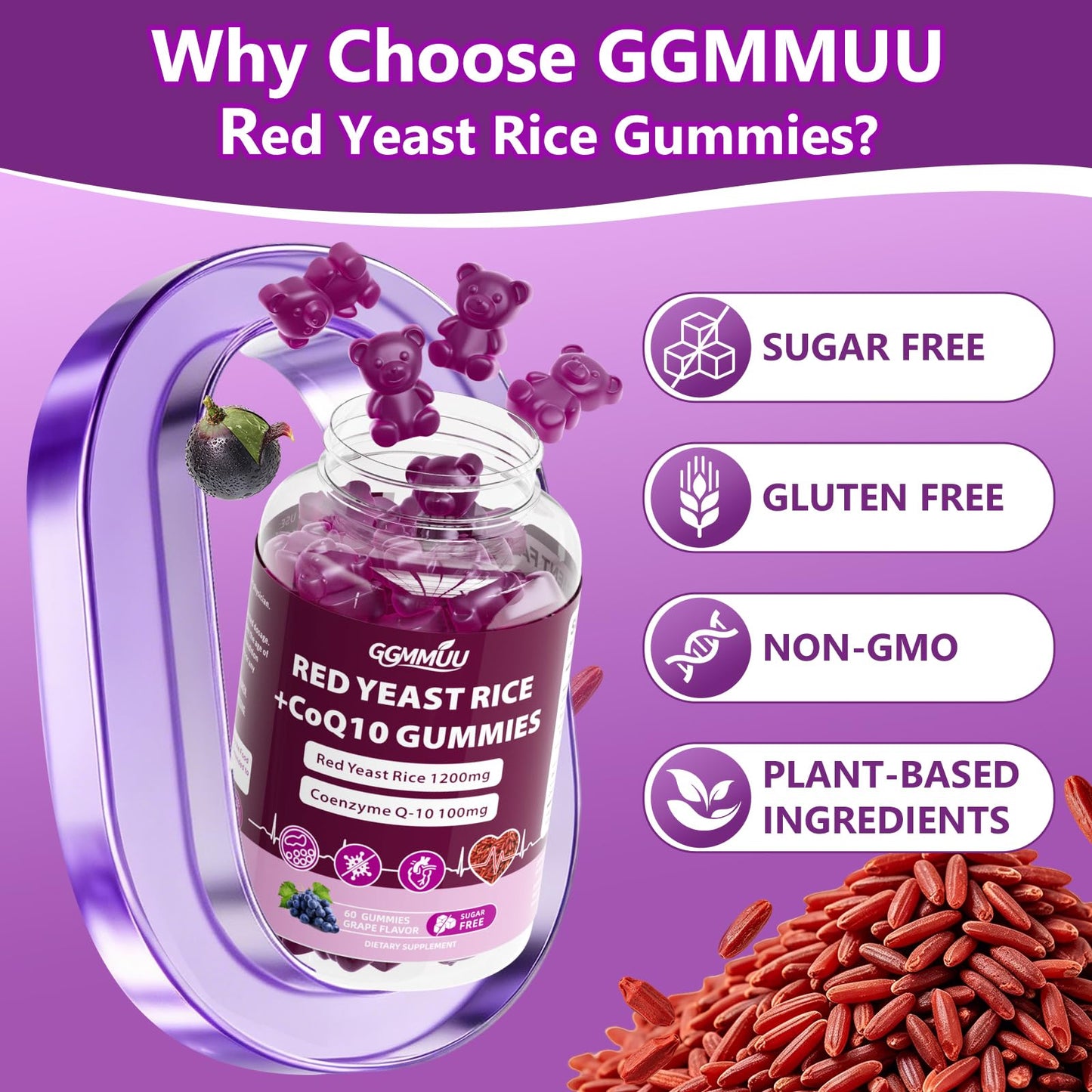 GGMMUU Red Yeast Rice with CoQ10 Gummies 1200mg, Sugar Free, 120 Count