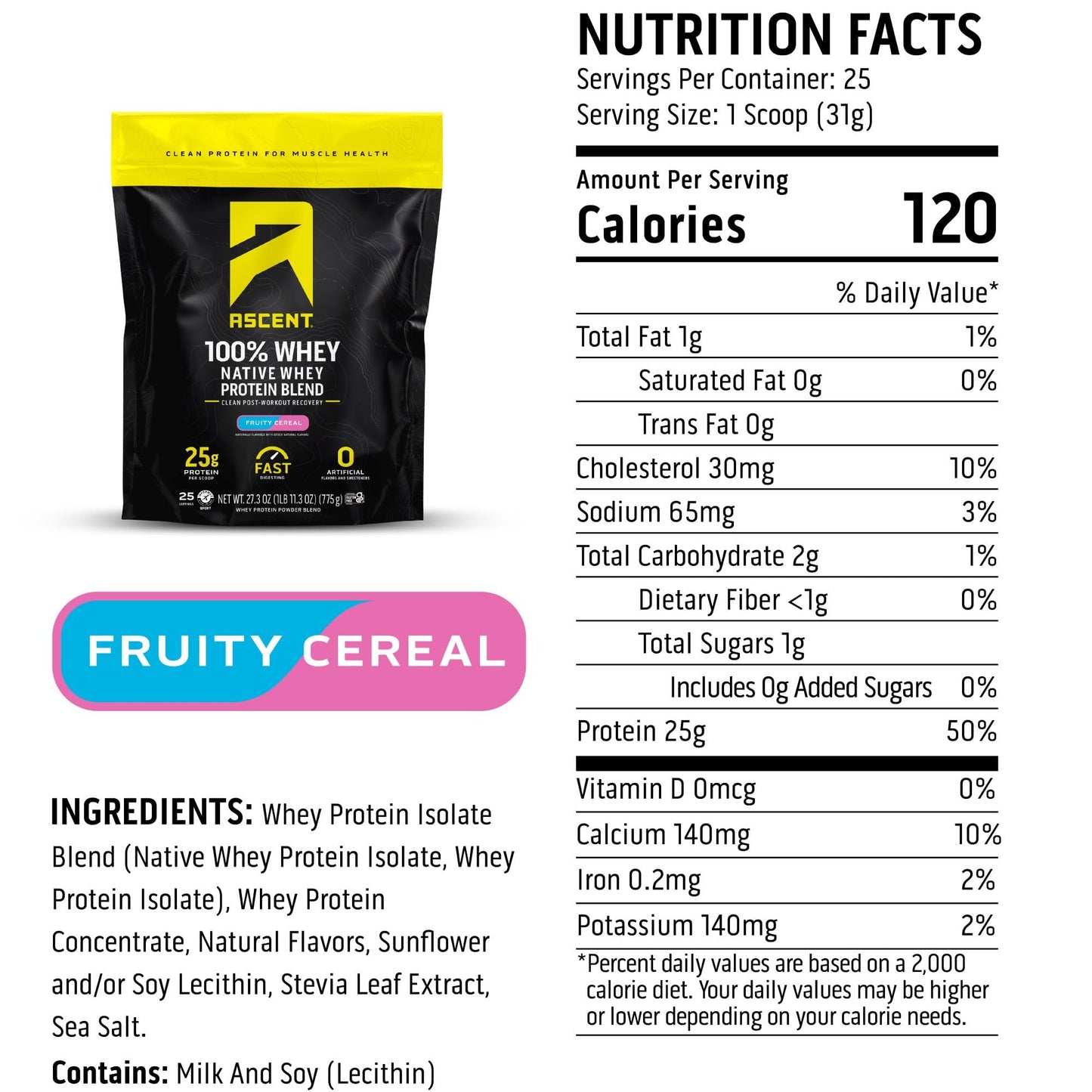 Ascent 100% Whey Protein Powder Fruity Cereal, 1.71 lb