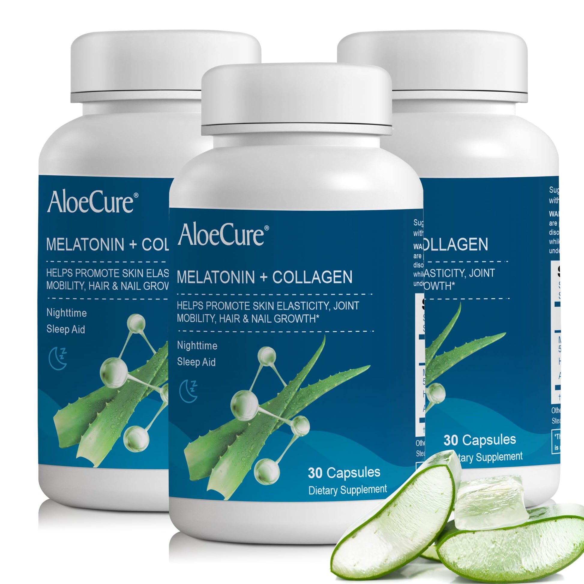 AloeCure Natural Melatonin + Collagen with Organic Aloe Vera Natural Sleep Aid Supplement for Restful Nights with Collagen Complex for Joint Strength, Skin Elasticity, Hair & Nail Growth, Capsules, 90