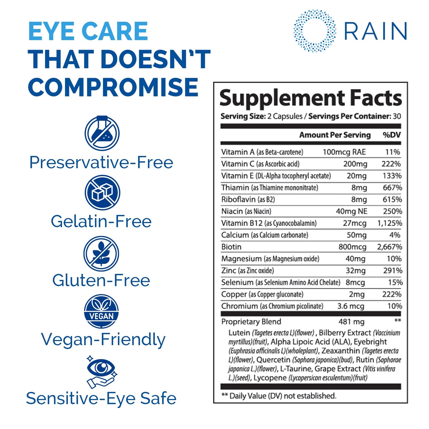 Rain Eye Vitamins & Vision Supplements for Adults – Eye Comfort and Vision Support – Lutein and Zeaxanthin Eye Supplements for Macular Health, 60 Capsules