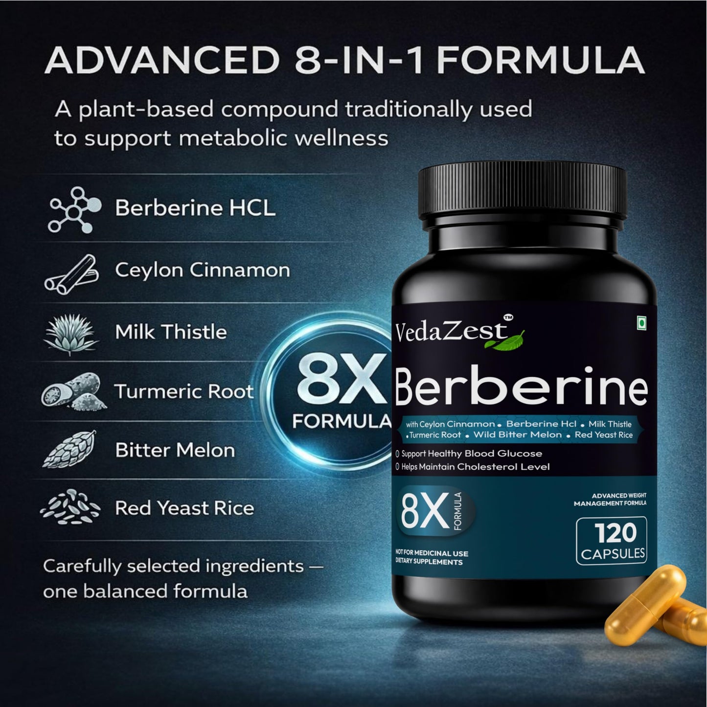 Vedazest Berberine 120 Vegetarian Capsules with Ceylon, Milk Thistle, Turmeric Root, Wild Bitter Melon and Red Yeast Rice, 1 Capsule