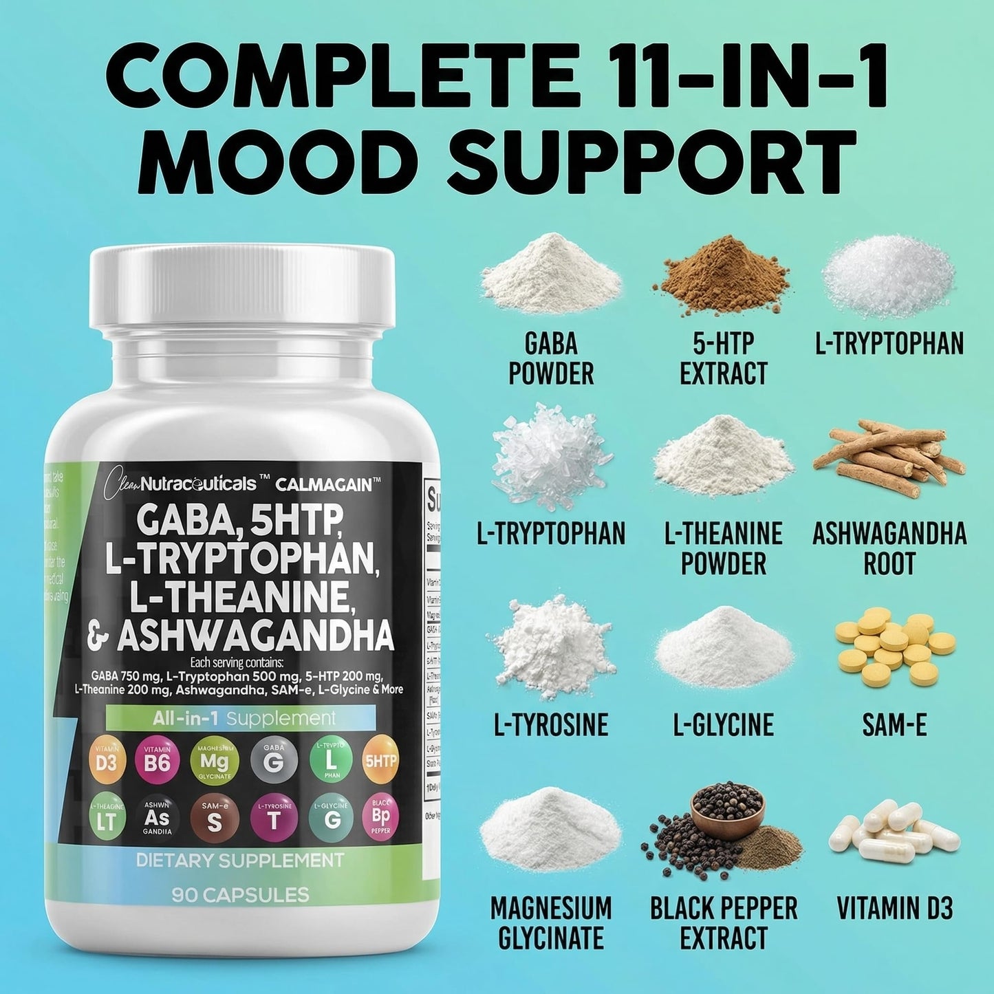 Clean Nutraceuticals GABA 750mg 5-HTP 200mg L-Tryptophan 500mg L-Theanine 200mg Ashwagandha SAM-e L-Glycine Mood Support Capsules 90 Count