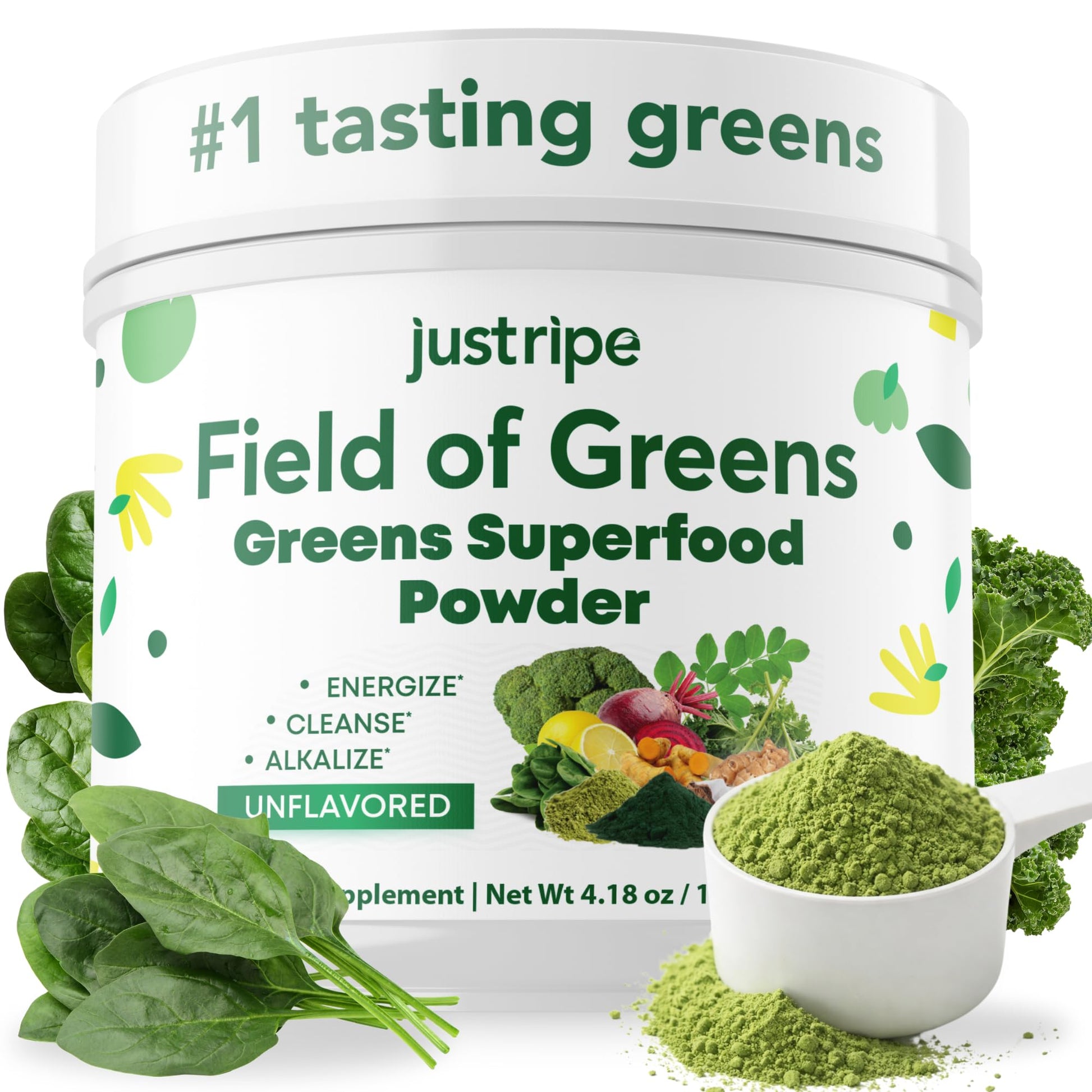 Just Ripe Nutrition Field of Greens Powder with Organic Spirulina, Chlorella, Beet Root Powder, Bacillus Coagulans Probiotic, Plant-Based Immunity Support, Unflavored, 5.3 Ounce