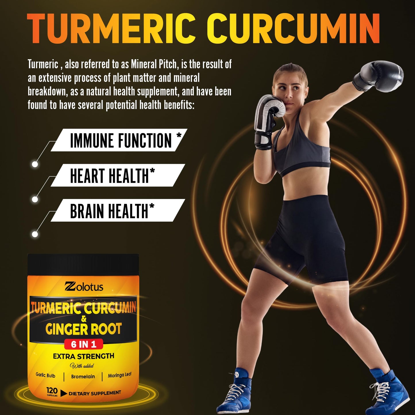 Zolotus 6 in 1 Turmeric Curcumin + Ginger Capsules, 120 Count