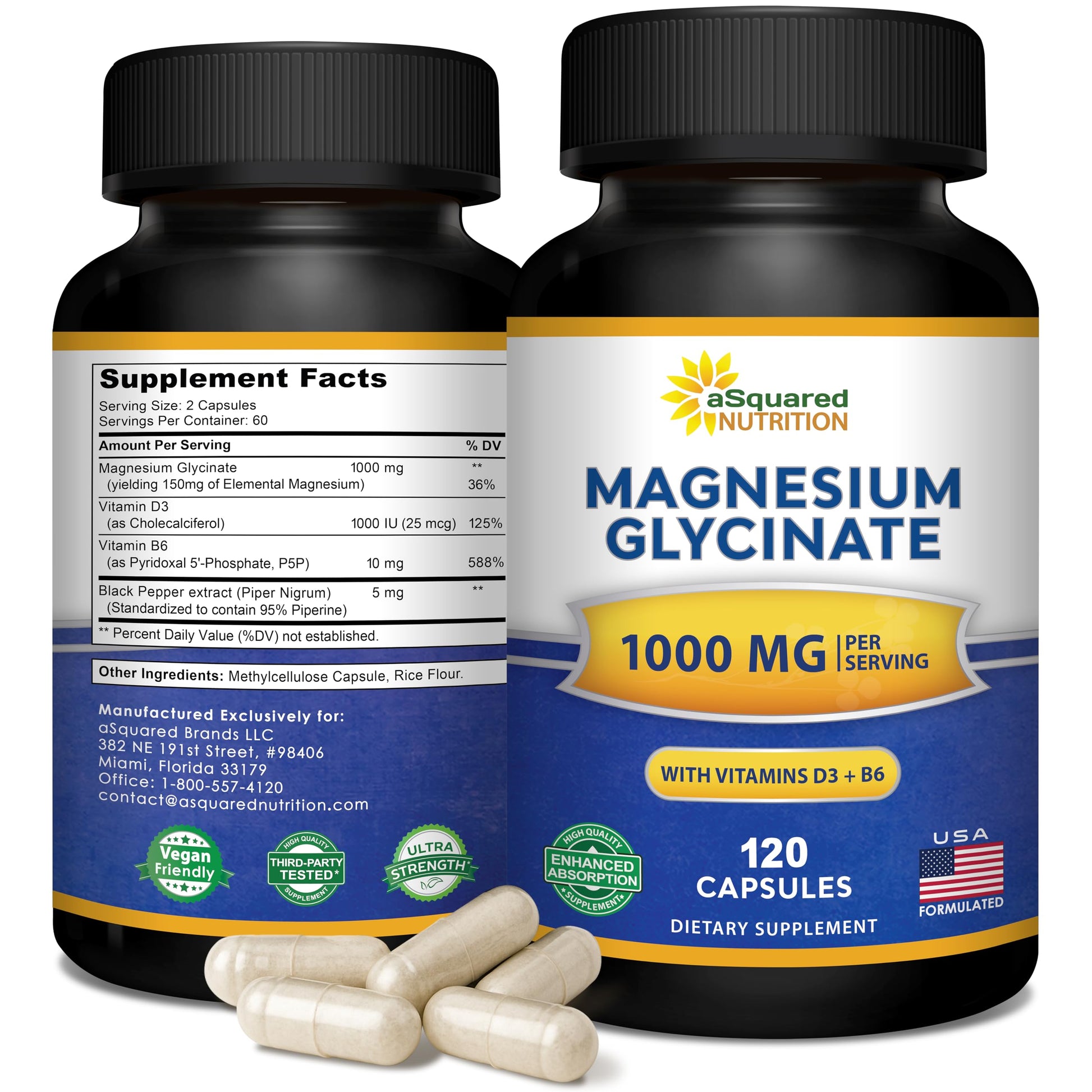 aSquared Nutrition Magnesium Glycinate 1000mg with D3 & B6 - Mag Complex - 500mg per Capsule, 120 Capsules