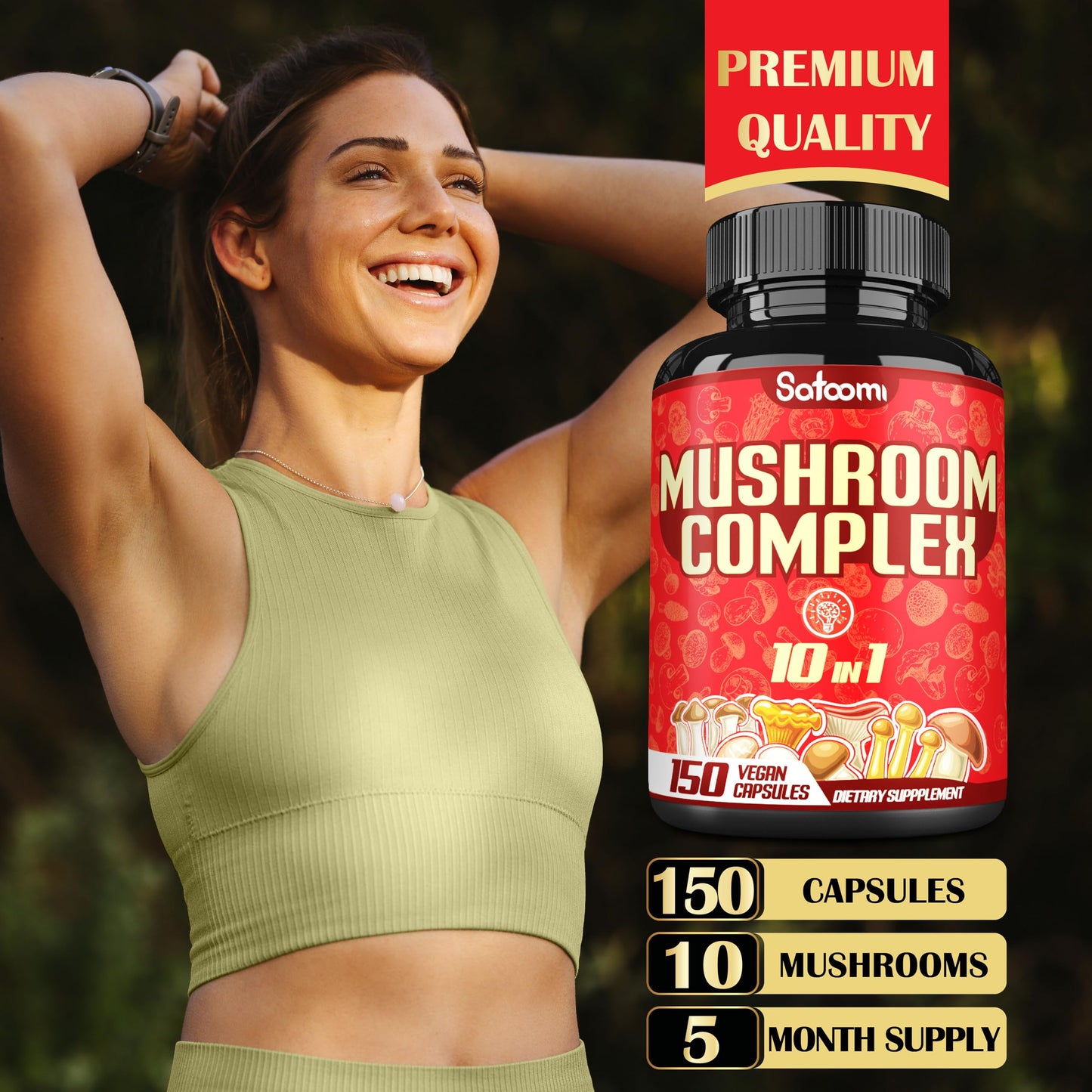 Satoomi 10in1 Mushroom Complex Supplements Capsules, 150 Capsules