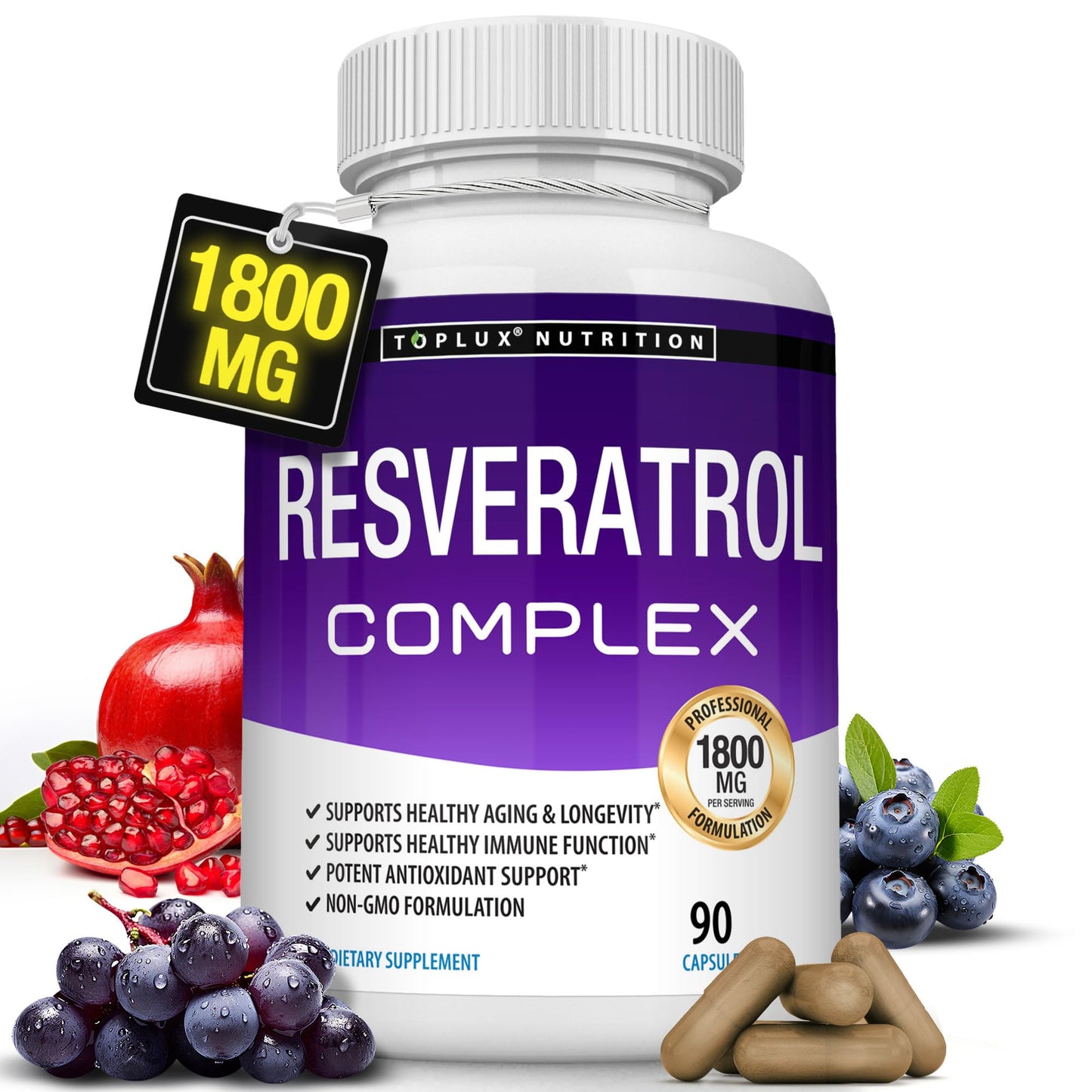 Toplux Resveratrol Supplement 1800 mg Antioxidant Complex - Highly Potent Natural Trans-Resveratrol Pills for Healthy Aging, Overall Health Support, Immune System, Brain Function, for Men Women, 90 Capsules