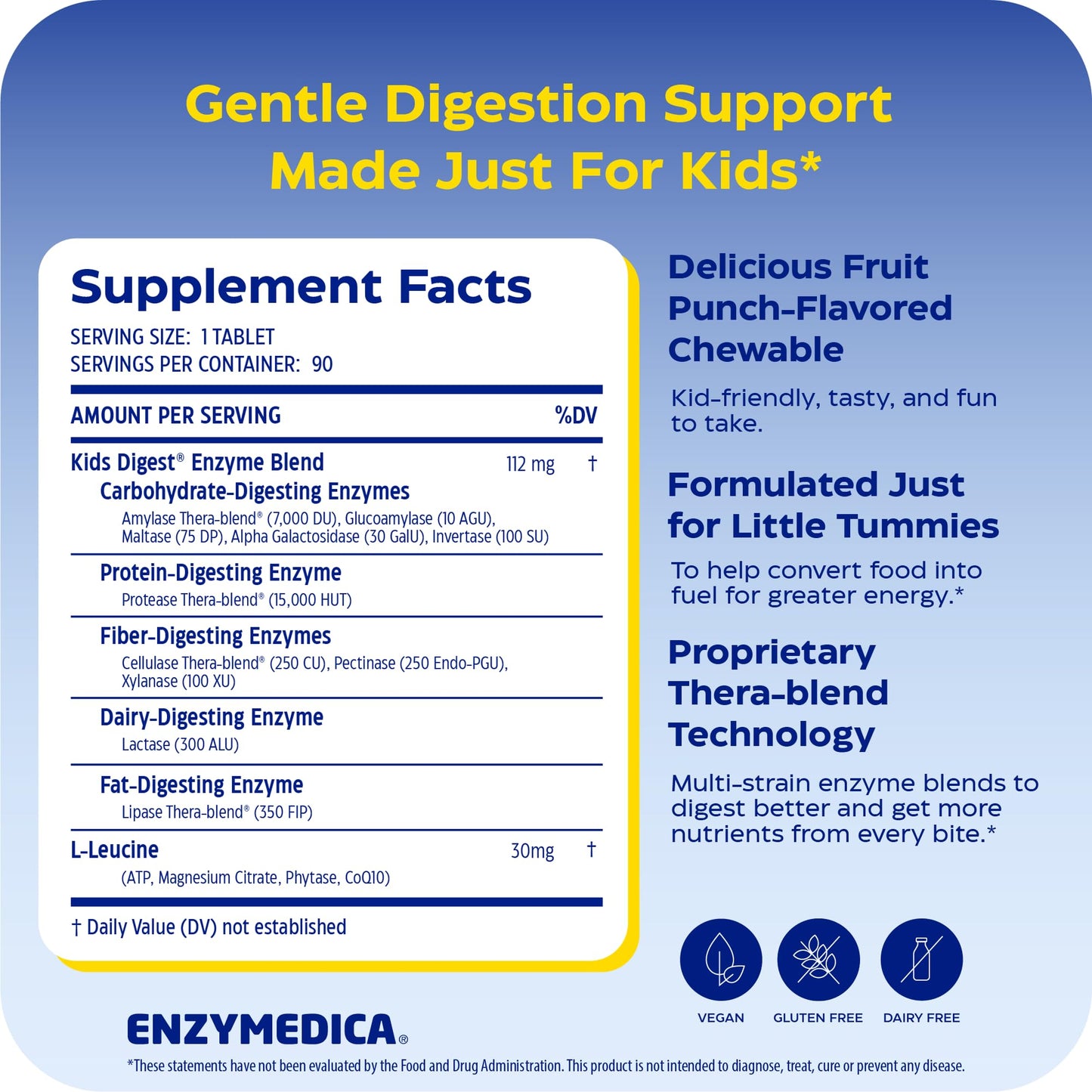 Enzymedica Kids Digest Chewable Digestive Enzyme Supplement, 90 Tablets