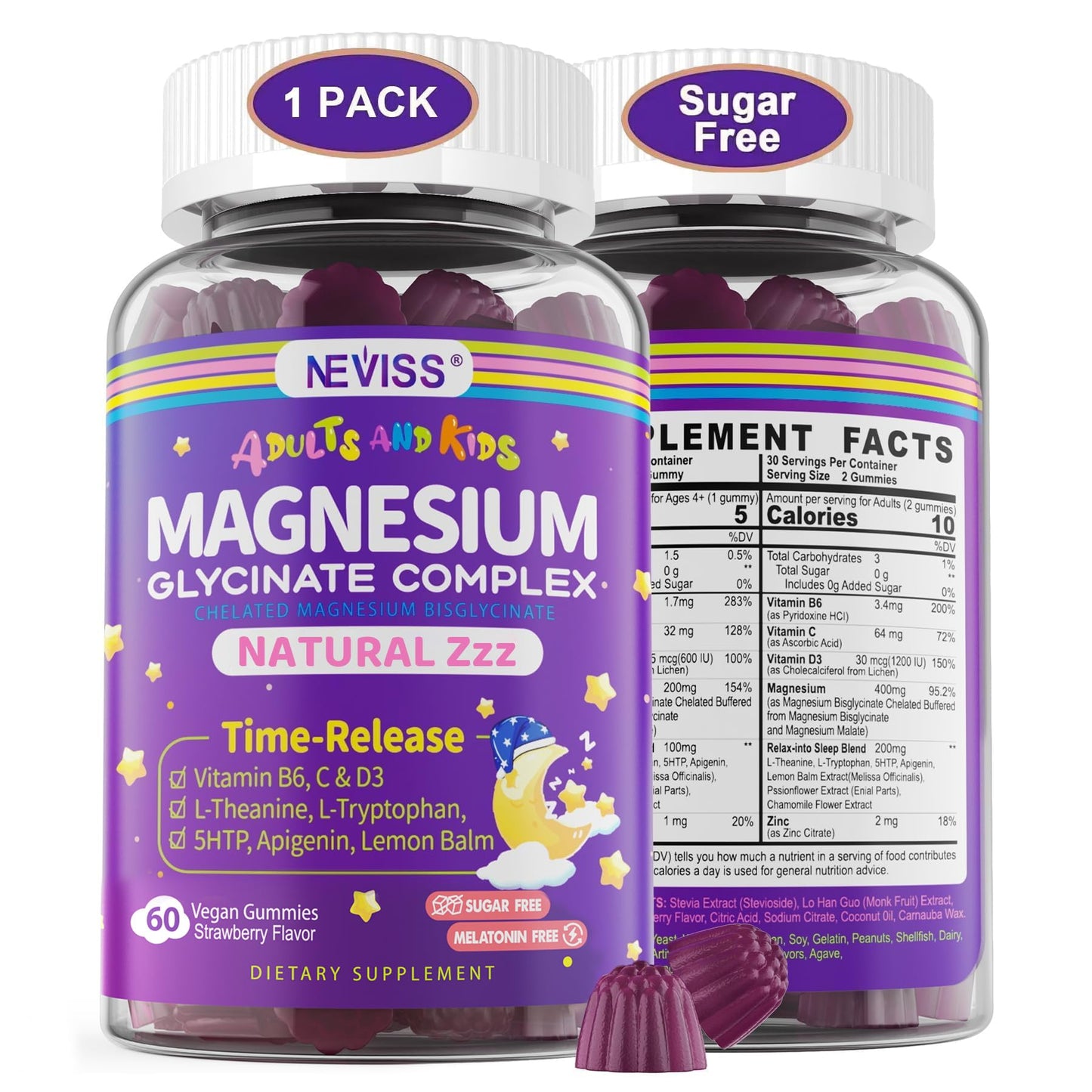 NEVISS Magnesium Glycinate Gummies, 60 Count
