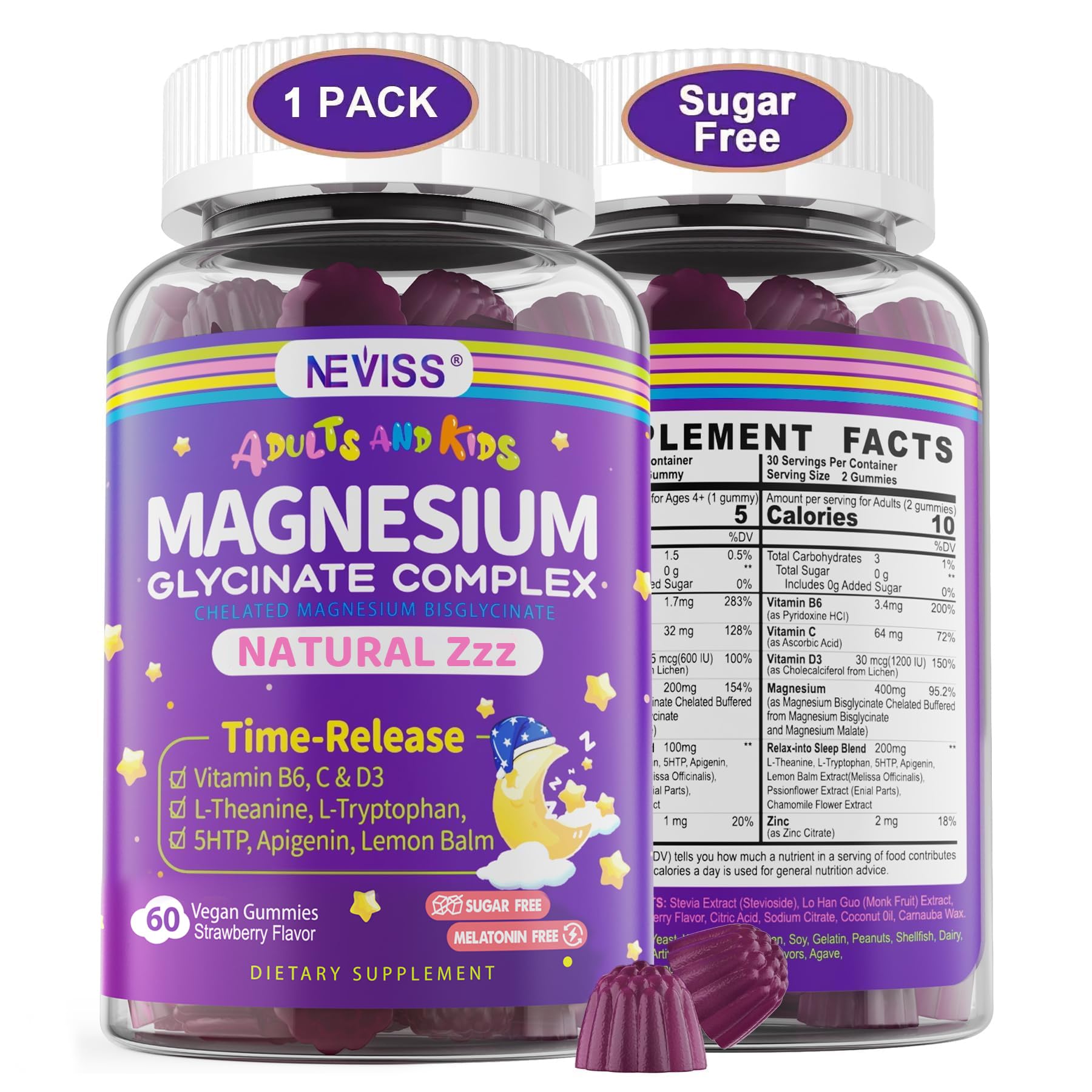 NEVISS Magnesium Glycinate Gummies, 60 Count
