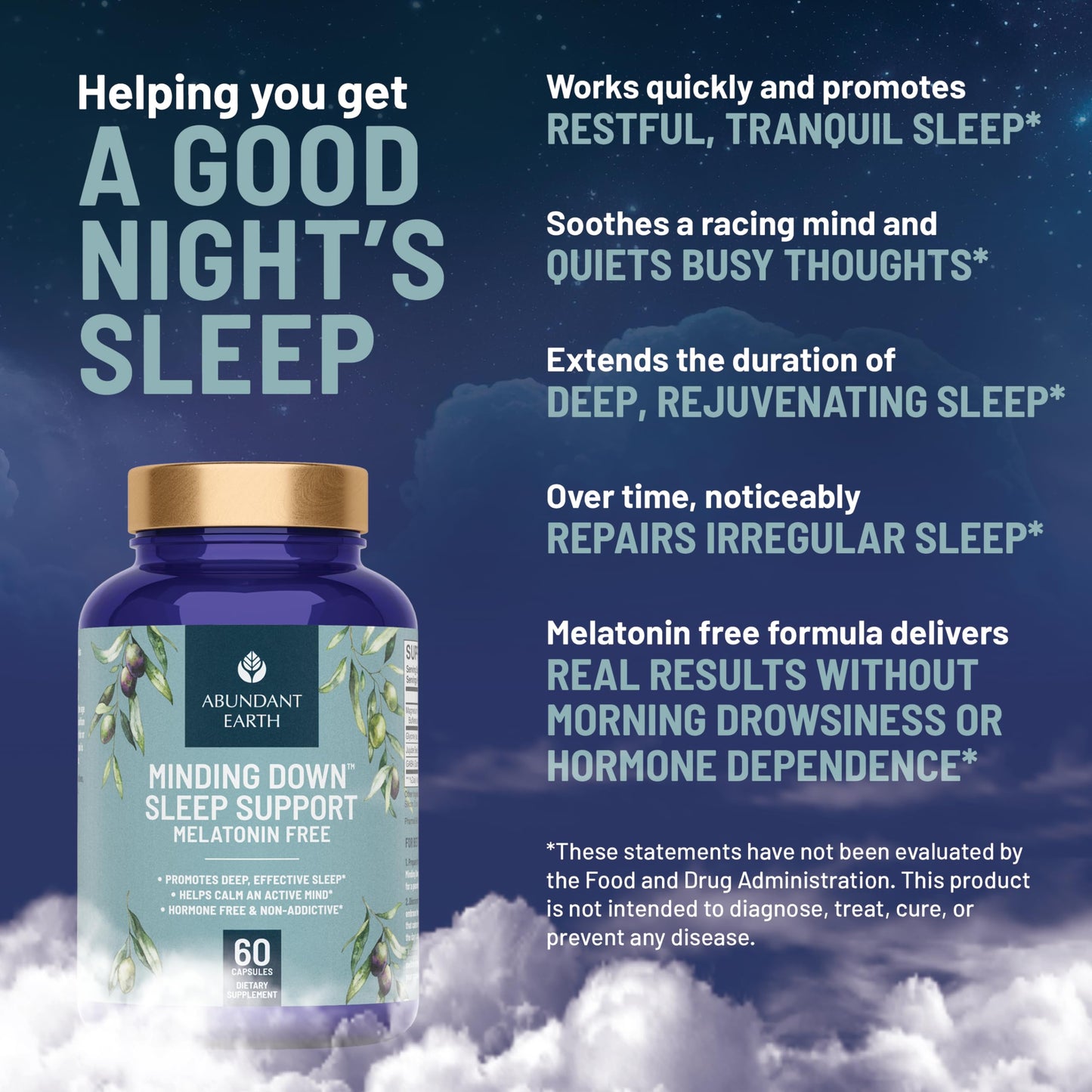 Abundant Earth Natural Sleep Aid for Adults Minding Down Sleep Support Supplement Max Strength Deep Sleep Supplement Without Melatonin to Calm & Restore the Sleeping Cycle + Magnesium, GABA Capsules 60 Count