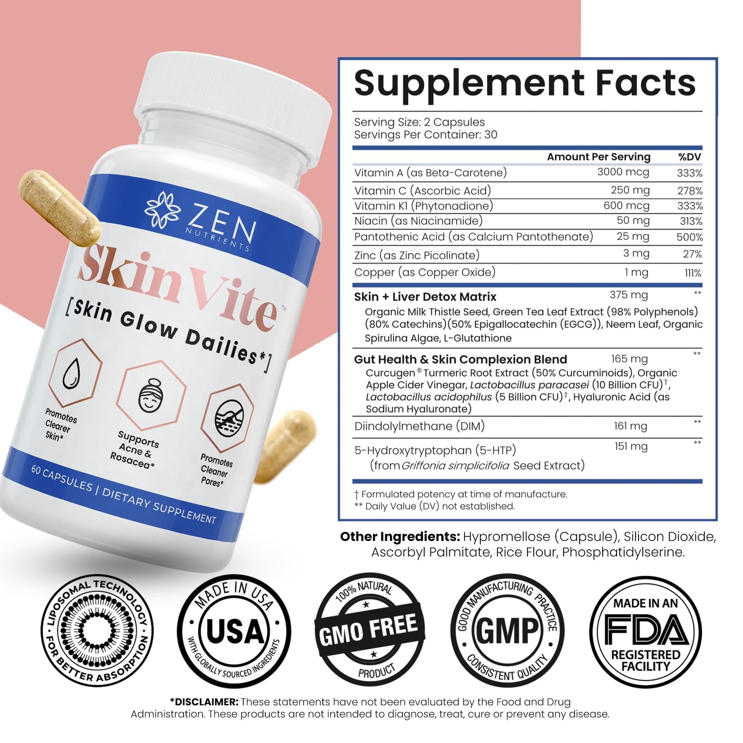 Zen Nutrients SkinVite Natural Skin Supplement Capsule 60 Count